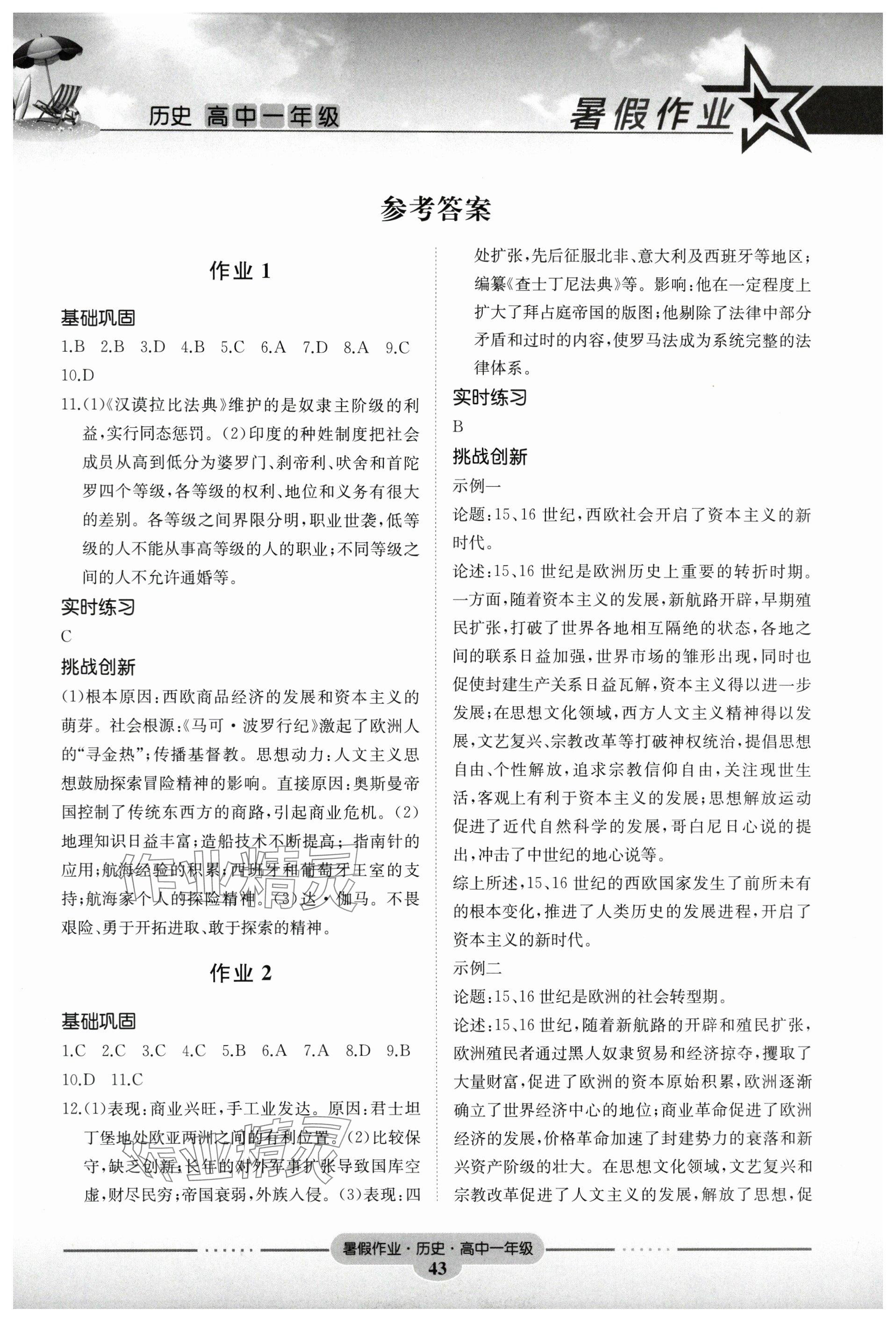 2025年暑假作业湖南教育出版社高一历史 参考答案第1页