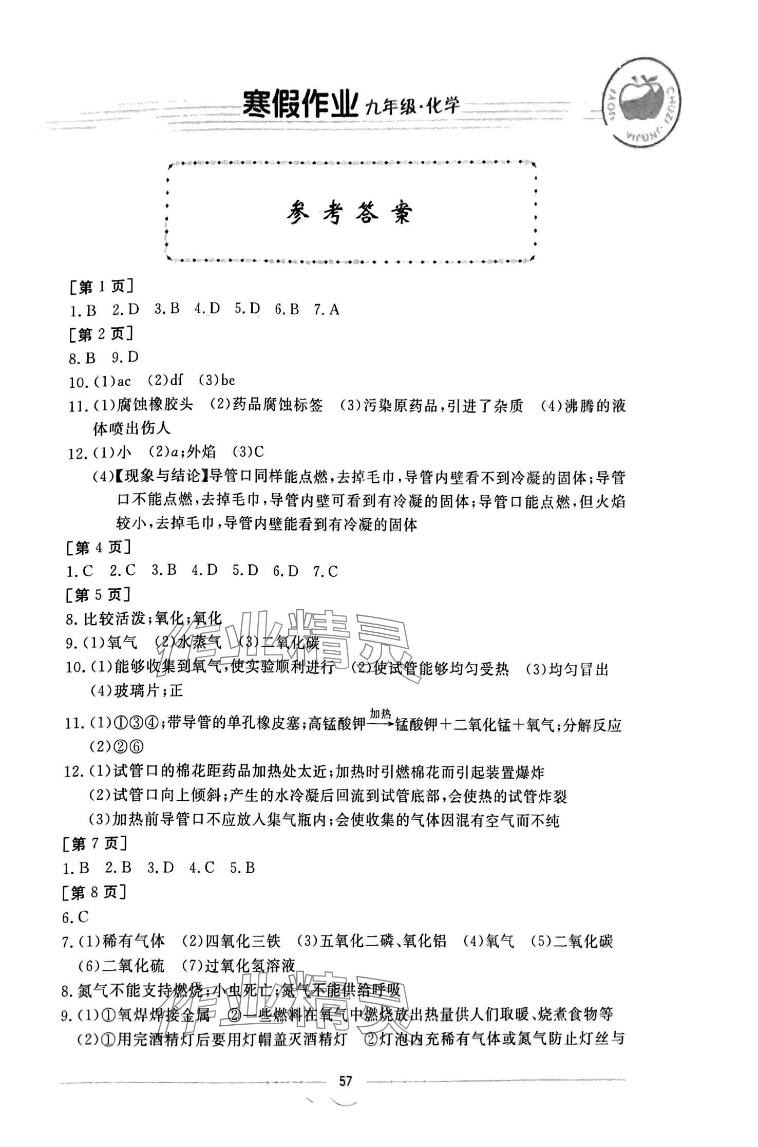 2024年寒假作业华中科技大学出版社九年级化学 第1页