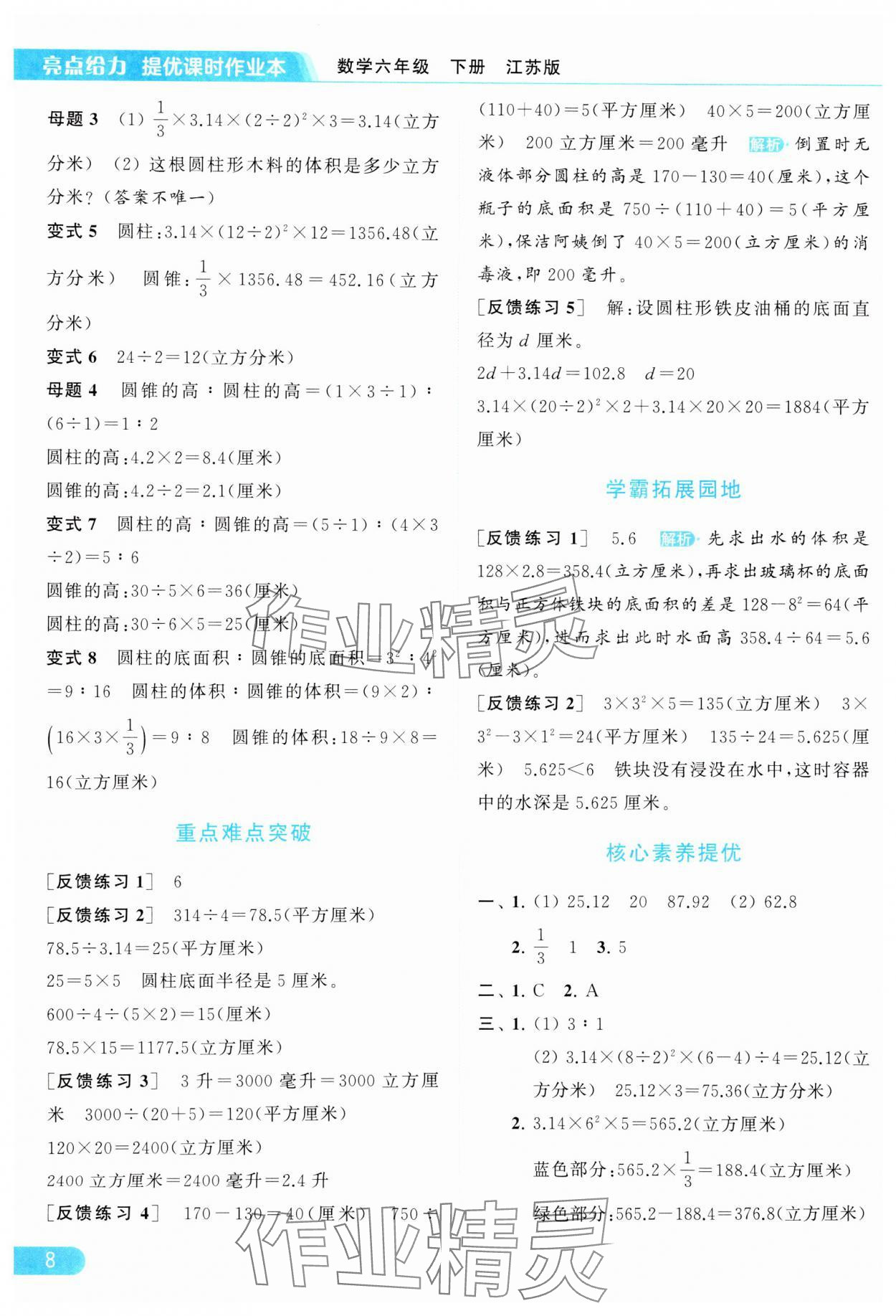 2024年亮点给力提优课时作业本六年级数学下册江苏版 参考答案第8页