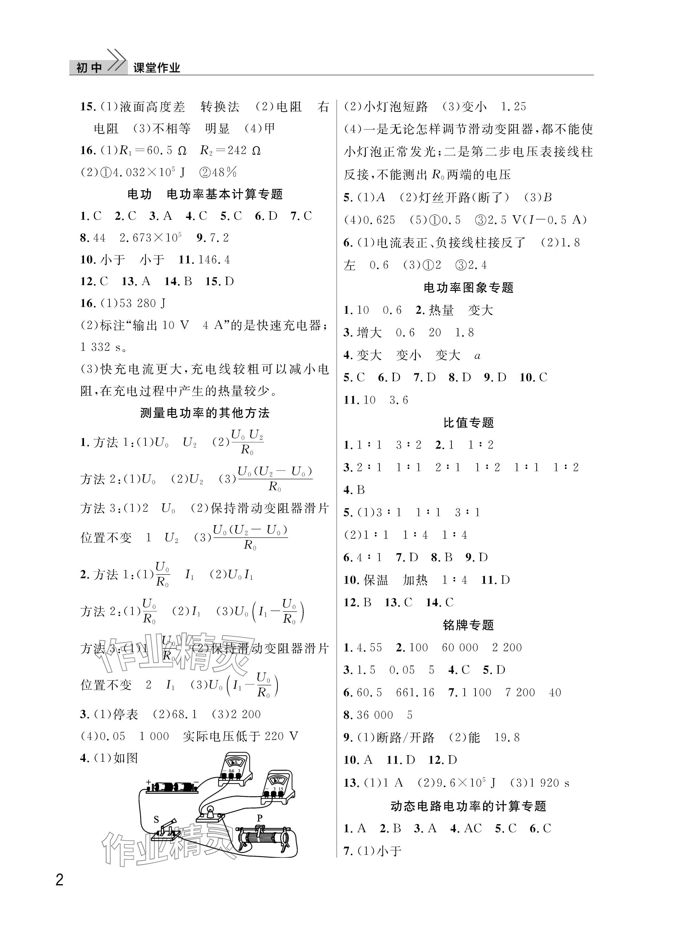 2026年课堂作业武汉出版社九年级物理下册人教版 参考答案第2页