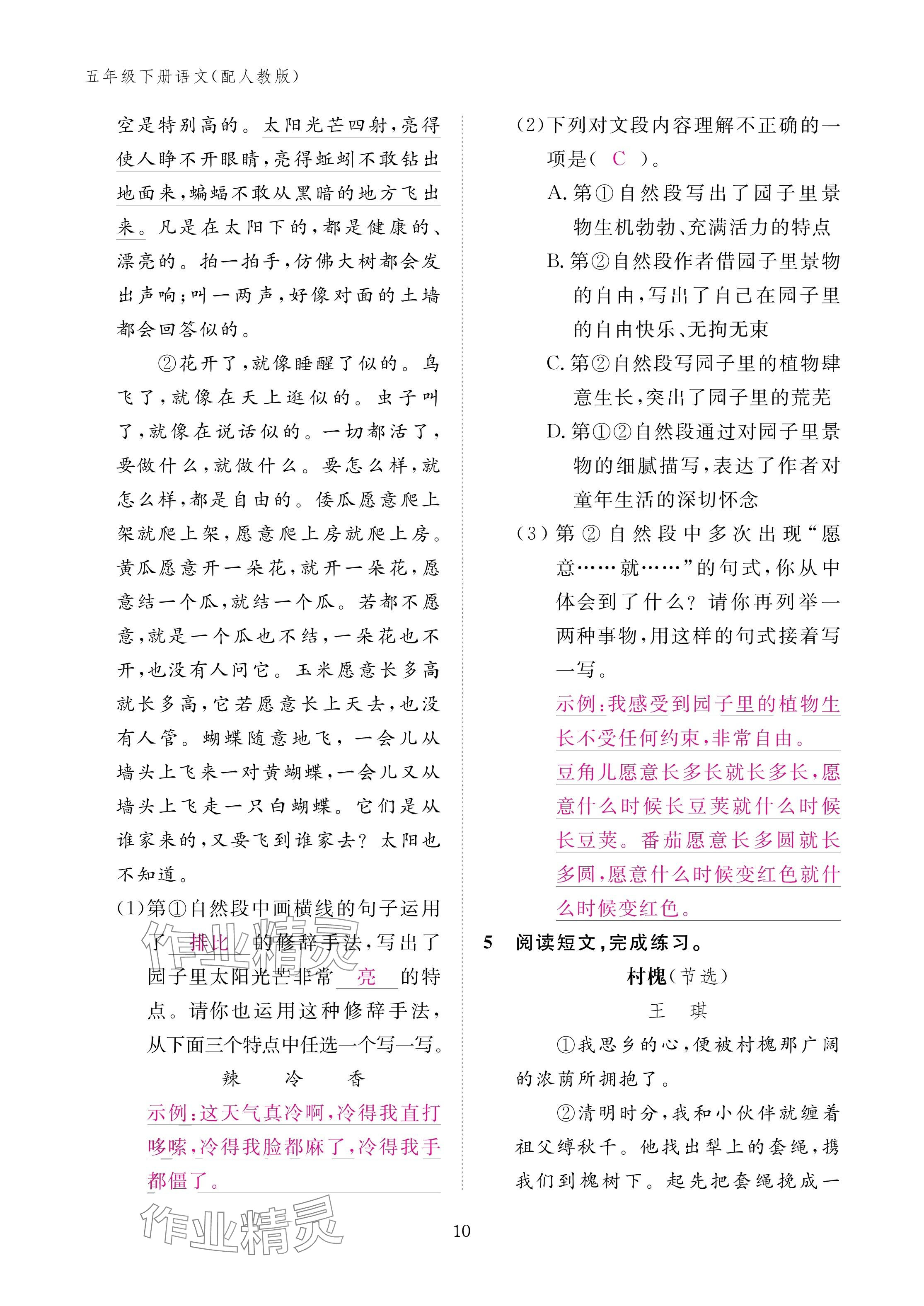 2025年作業(yè)本江西教育出版社五年級(jí)語(yǔ)文下冊(cè)人教版 參考答案第10頁(yè)