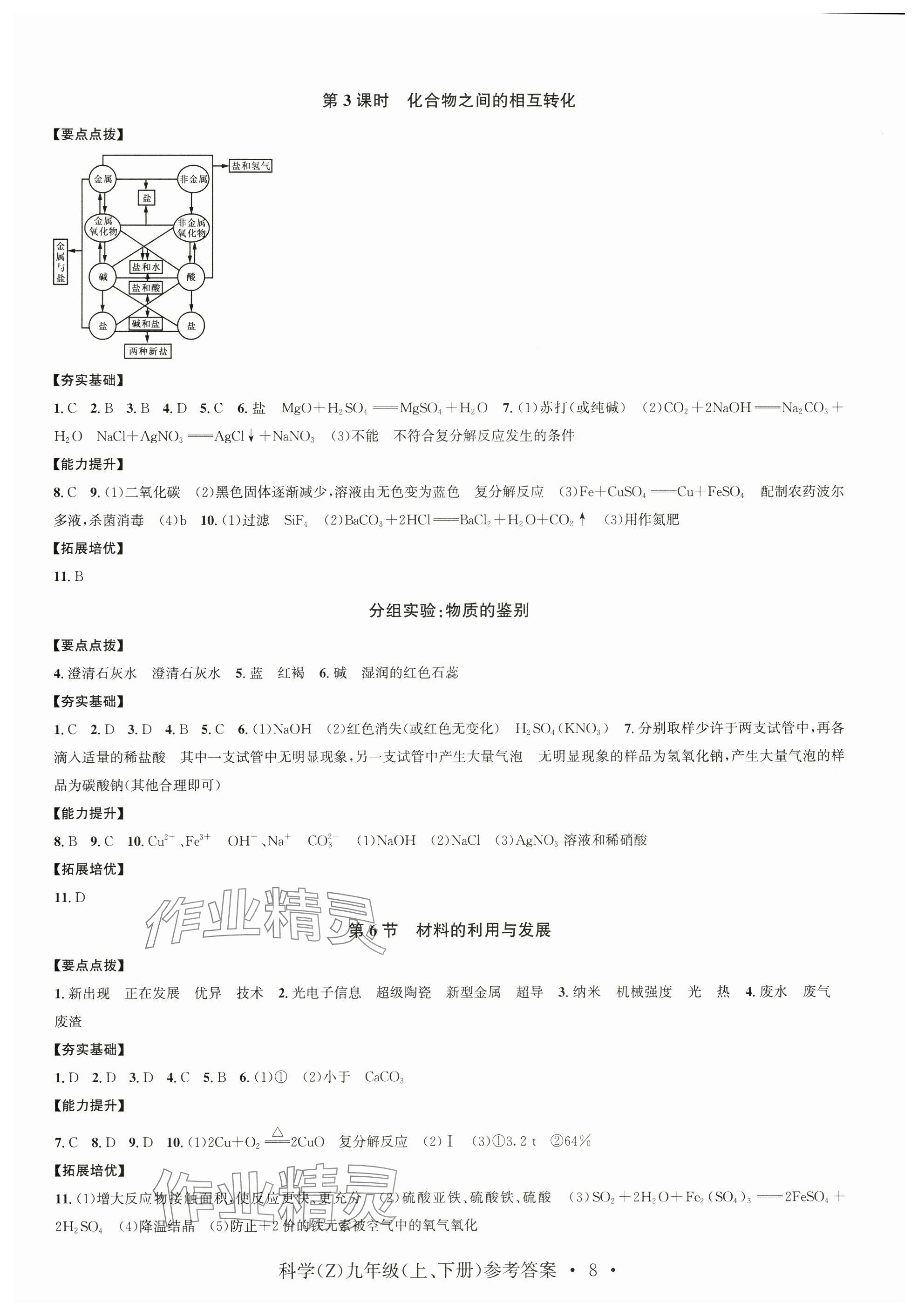 2024年习题e百课时训练九年级科学全一册浙教版 参考答案第8页