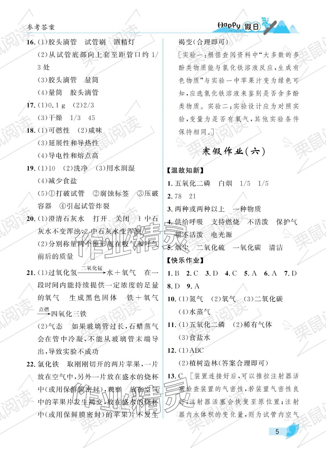 2024年寒假Happy假日八年級(jí)化學(xué)人教版五四制 參考答案第5頁