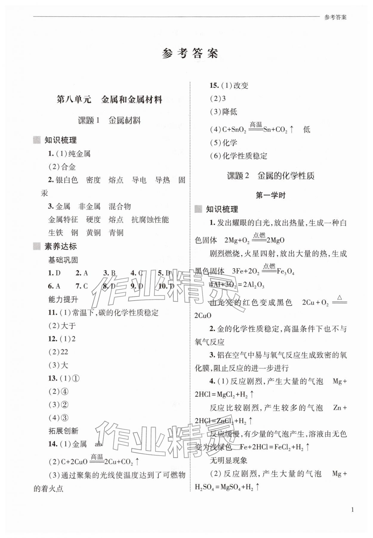 2026年新课程问题解决导学方案九年级化学下册人教版&nbsp;参考答案第1页