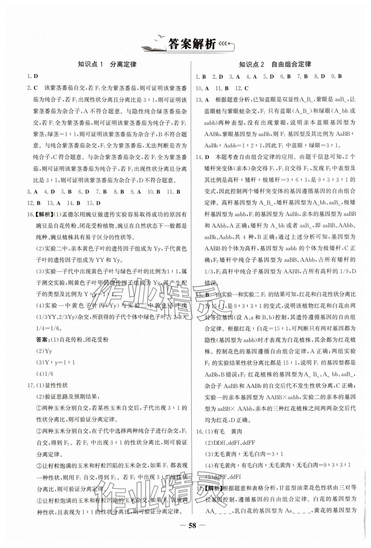 2025年世纪金榜新视野暑假作业高一生物 参考答案第1页