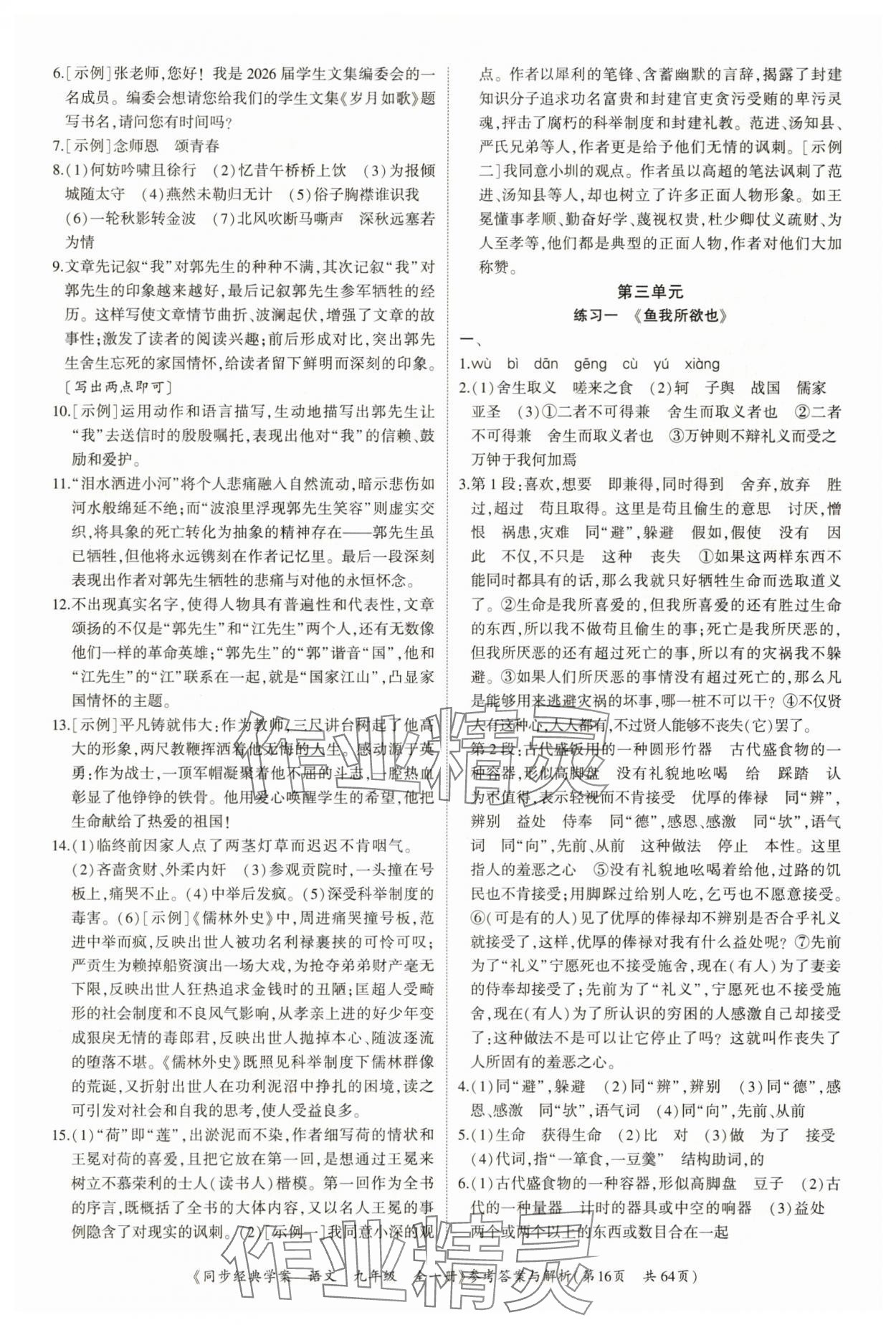 2025年同步經(jīng)典學(xué)案九年級語文全一冊人教版深圳專版&nbsp;第16頁