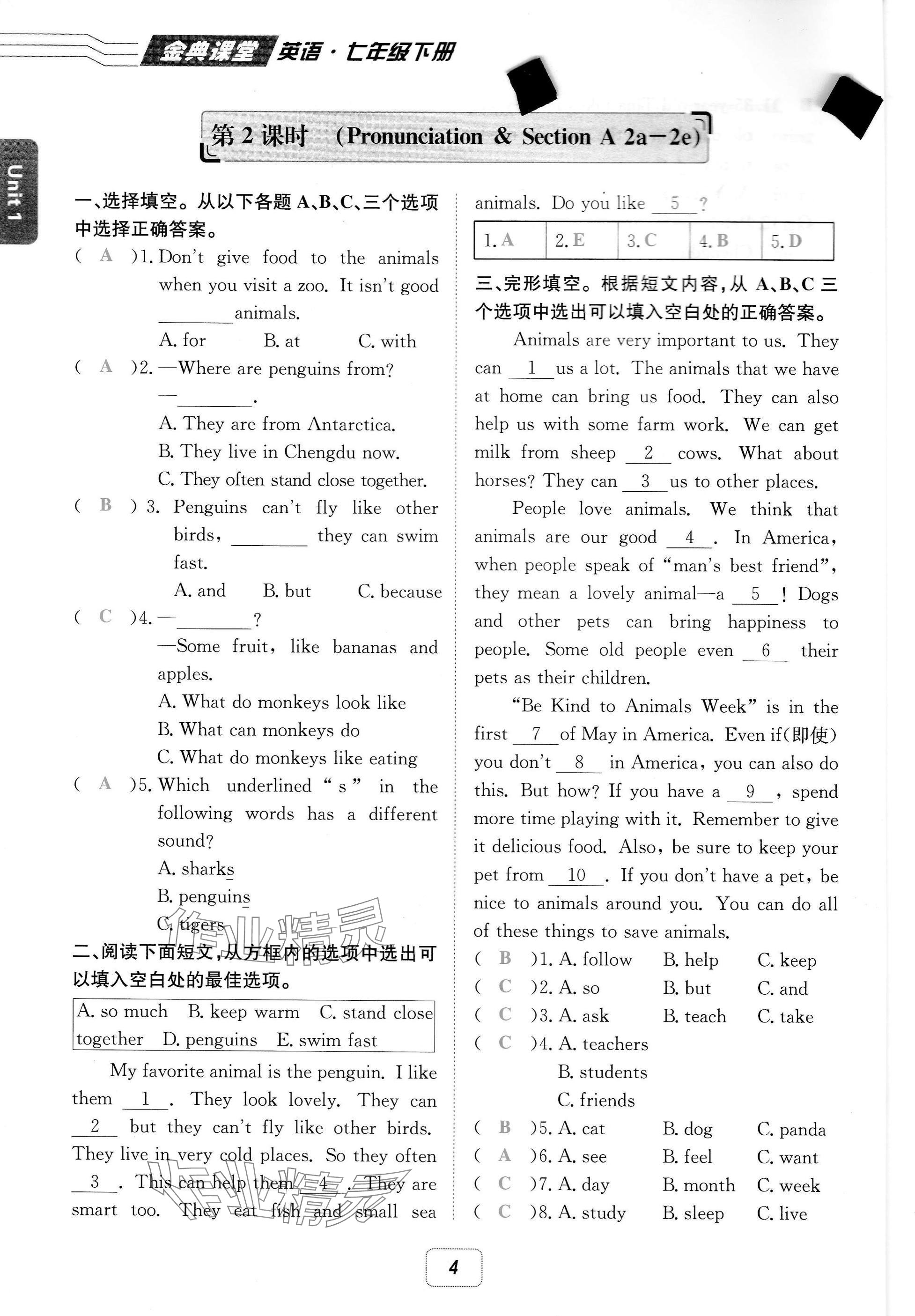 2025年名校金典課堂七年級英語下冊人教版成都專版 參考答案第4頁