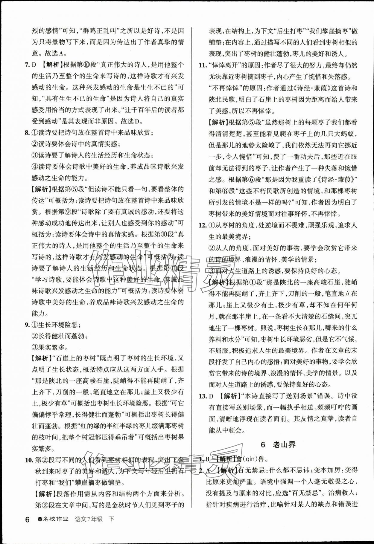 2024年名校作業七年級語文下冊人教版湖北專版 參考答案第6頁