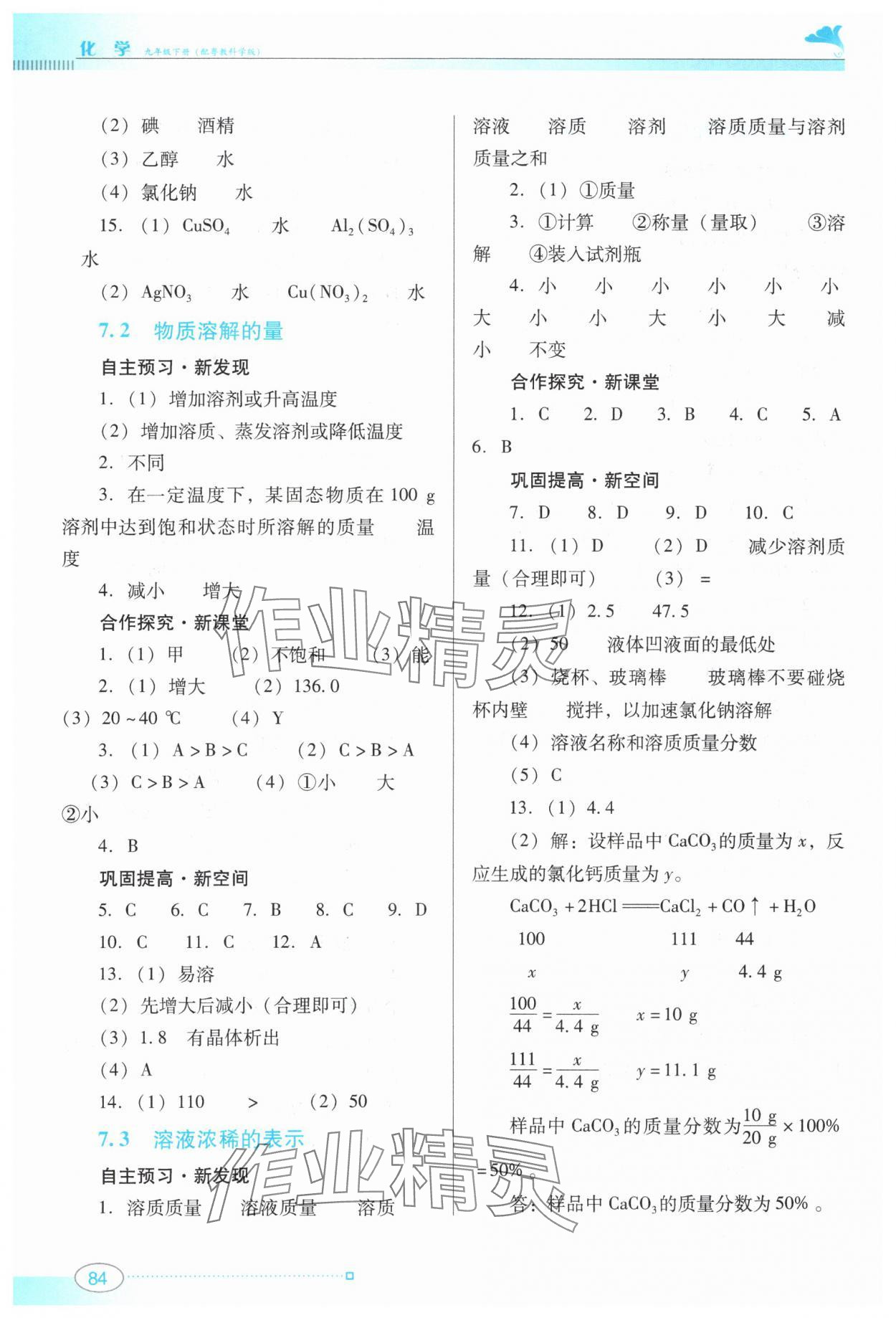 2024年南方新课堂金牌学案九年级化学下册科粤版 参考答案第4页