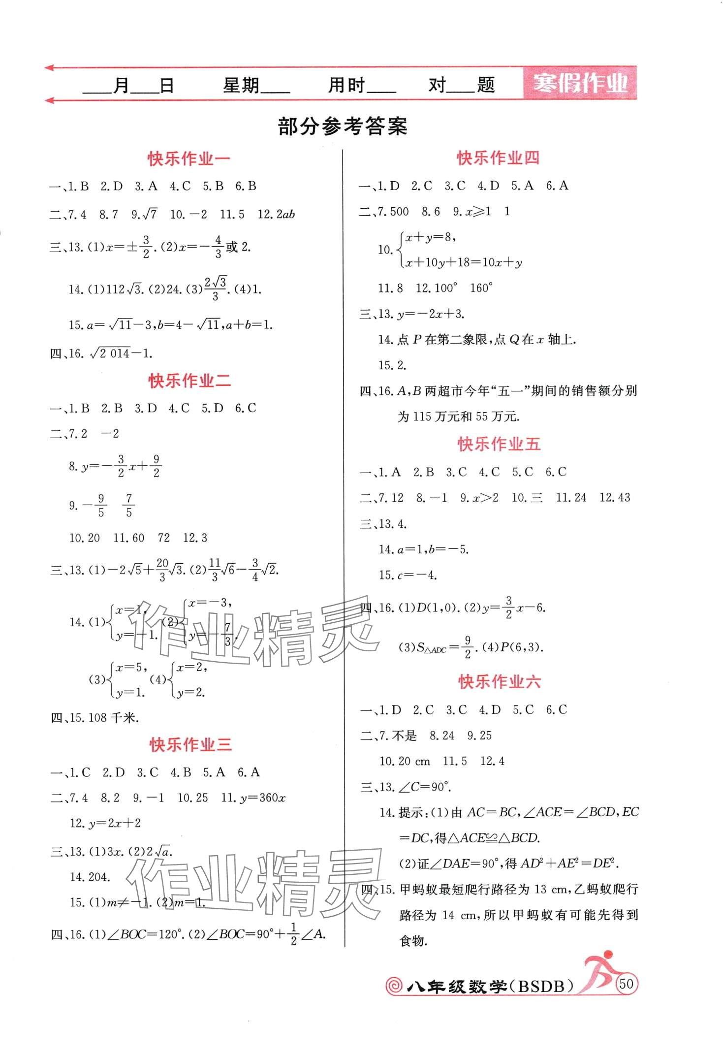 2024年寒假作业延边教育出版社八年级数学北师大版 第1页