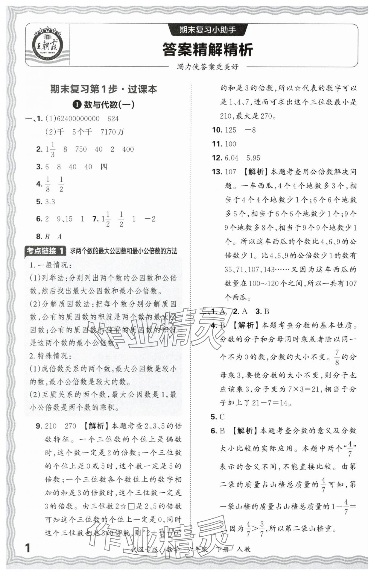 2024年王朝霞期末真題精編六年級數(shù)學(xué)下冊人教版武漢專版 參考答案第1頁