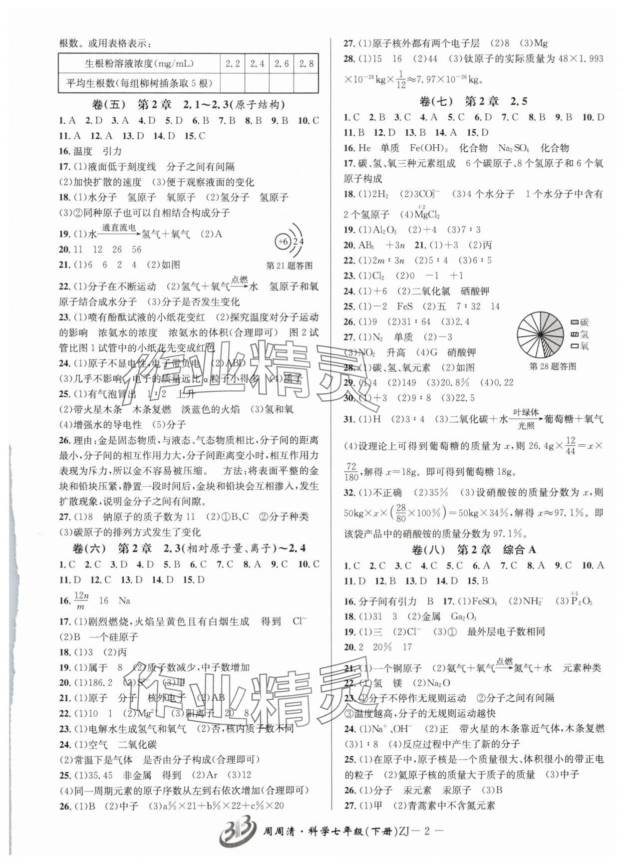 2025年周周清检测七年级科学下册浙教版 参考答案第2页