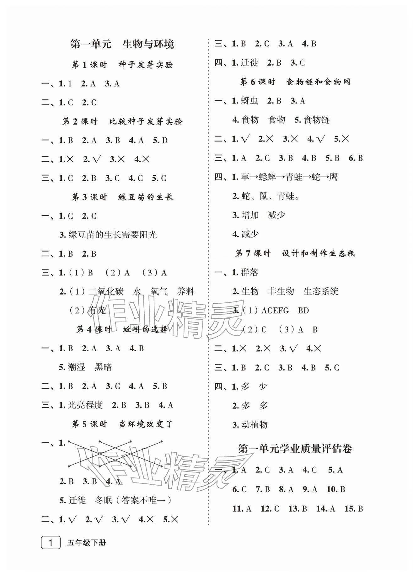 2026年名师面对面先学后练五年级科学下册教科版评议教辅专版&nbsp;参考答案第1页