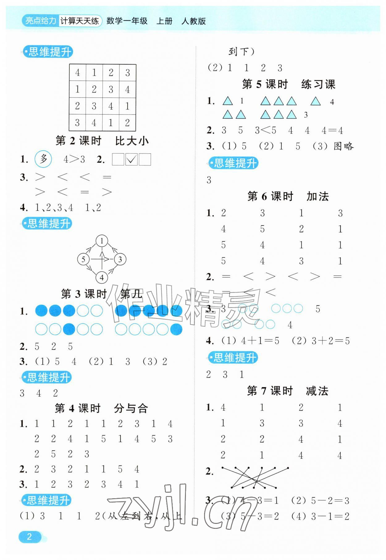 2026年亮点给力计算天天练一年级数学上册人教版&nbsp;第2页