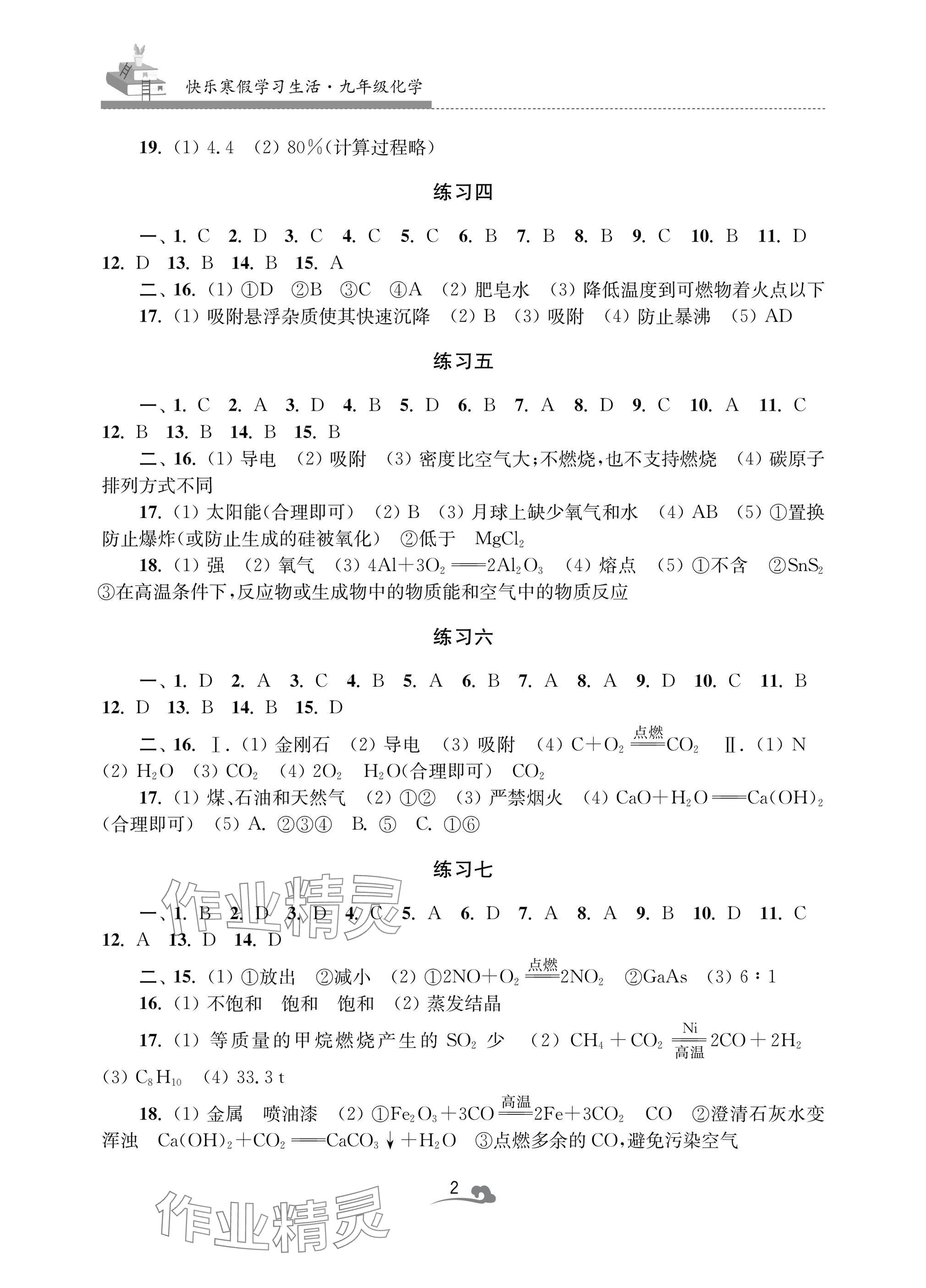 2025年快乐寒假学习生活九年级化学 参考答案第2页