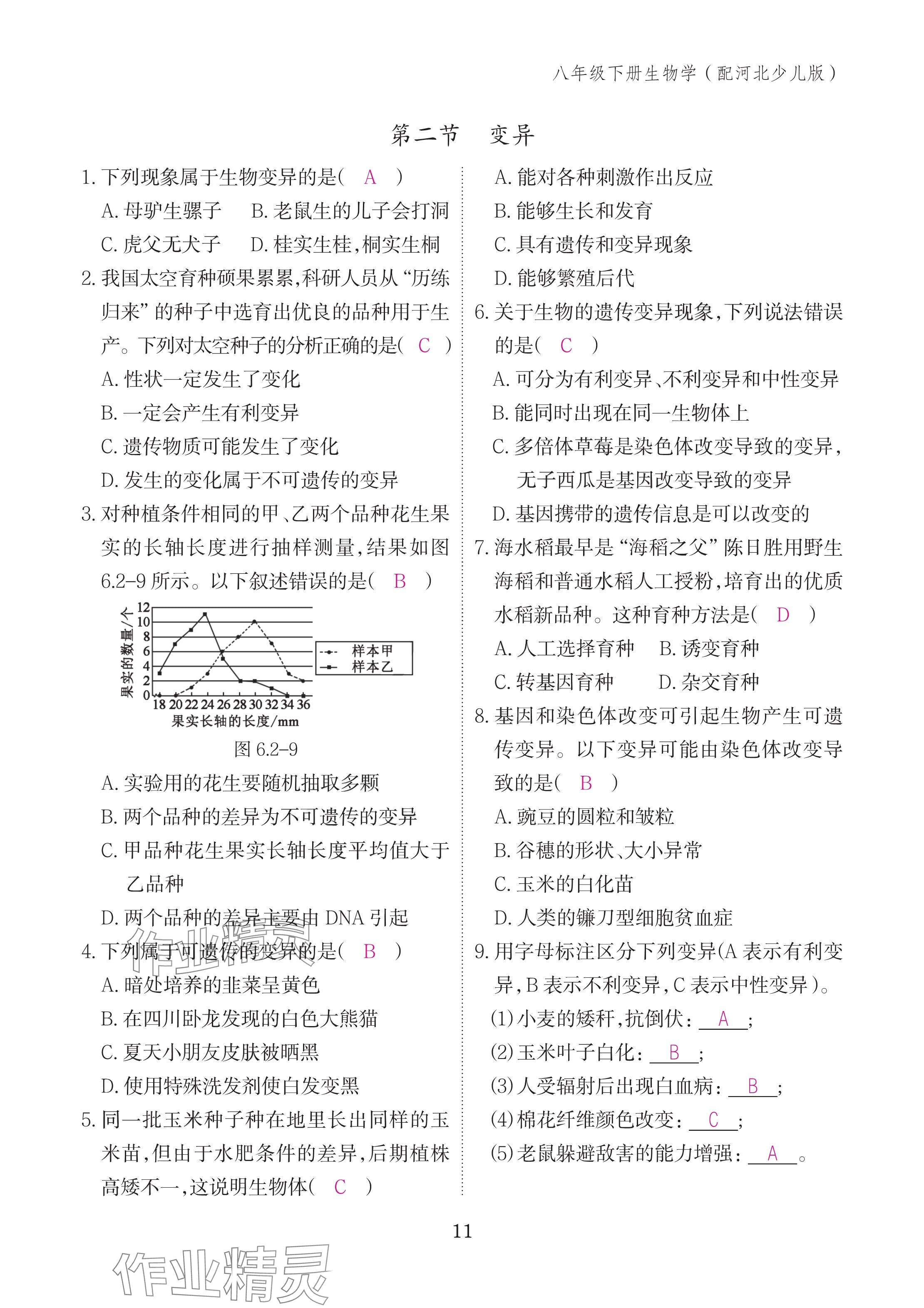 2025年作業(yè)本江西教育出版社八年級(jí)生物下冊(cè)冀少版 參考答案第11頁(yè)