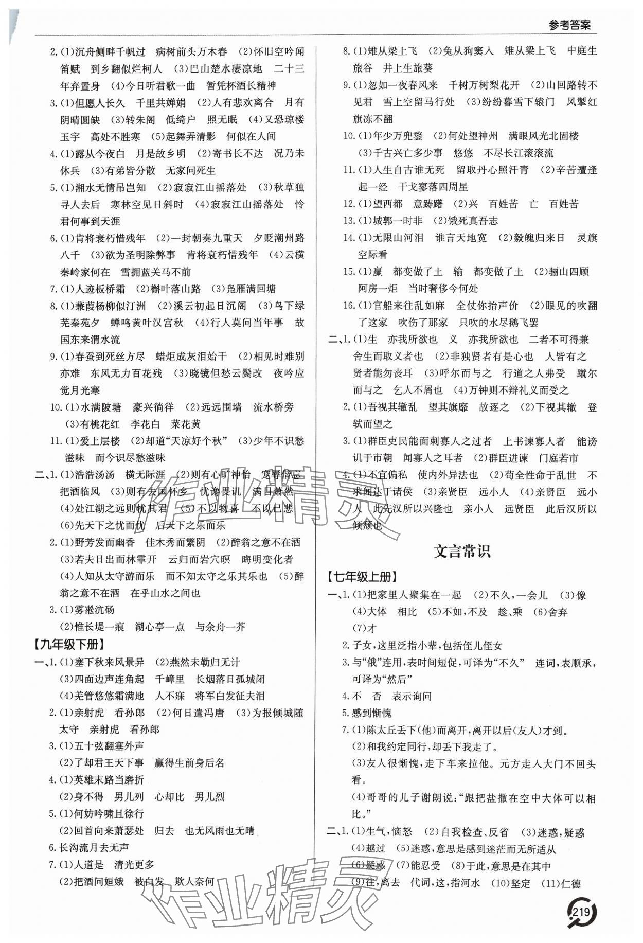 2024年初中總復習手冊青島出版社語文 參考答案第4頁