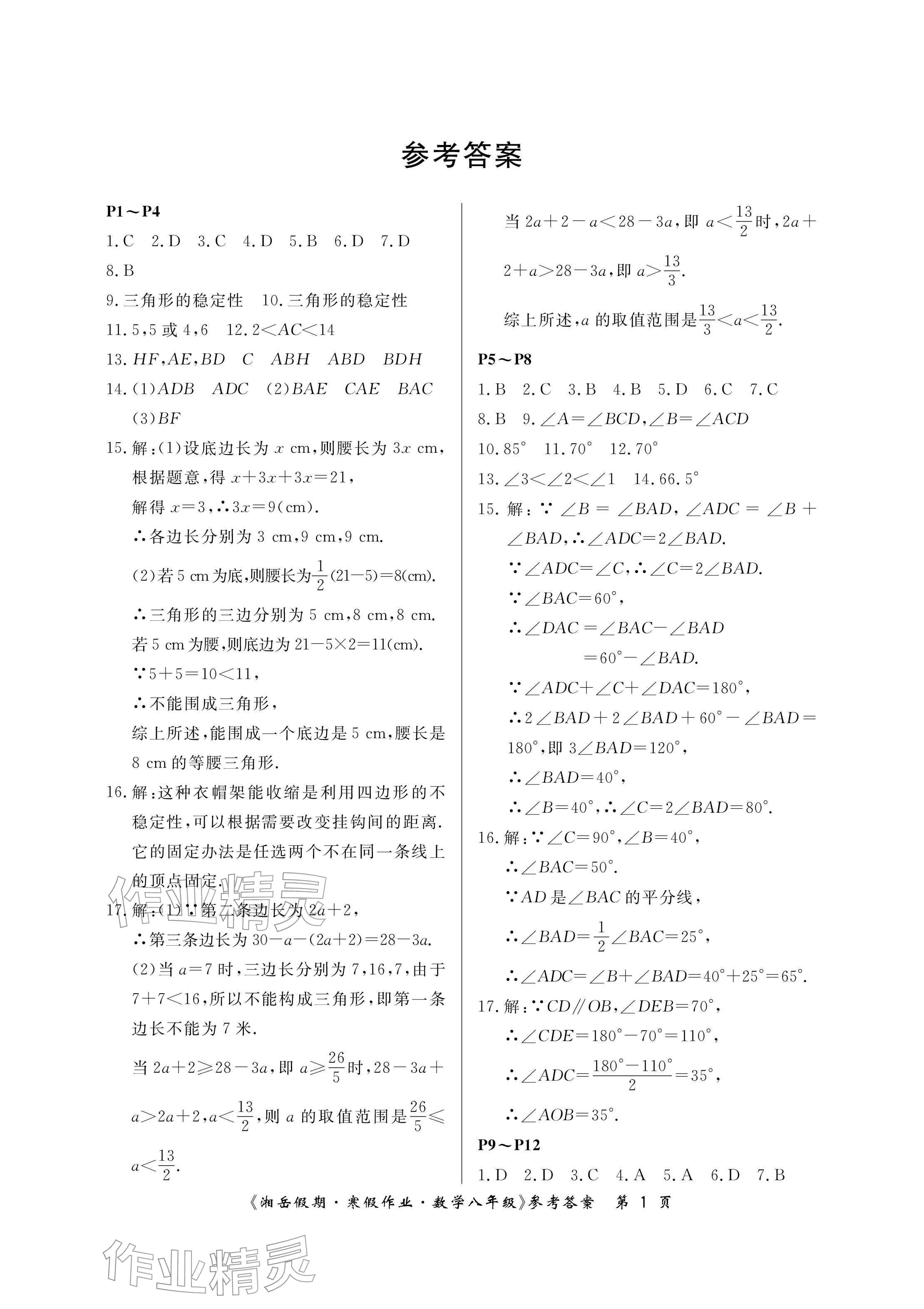2026年湘岳假期寒假作業(yè)八年級(jí)數(shù)學(xué)&nbsp;參考答案第1頁(yè)