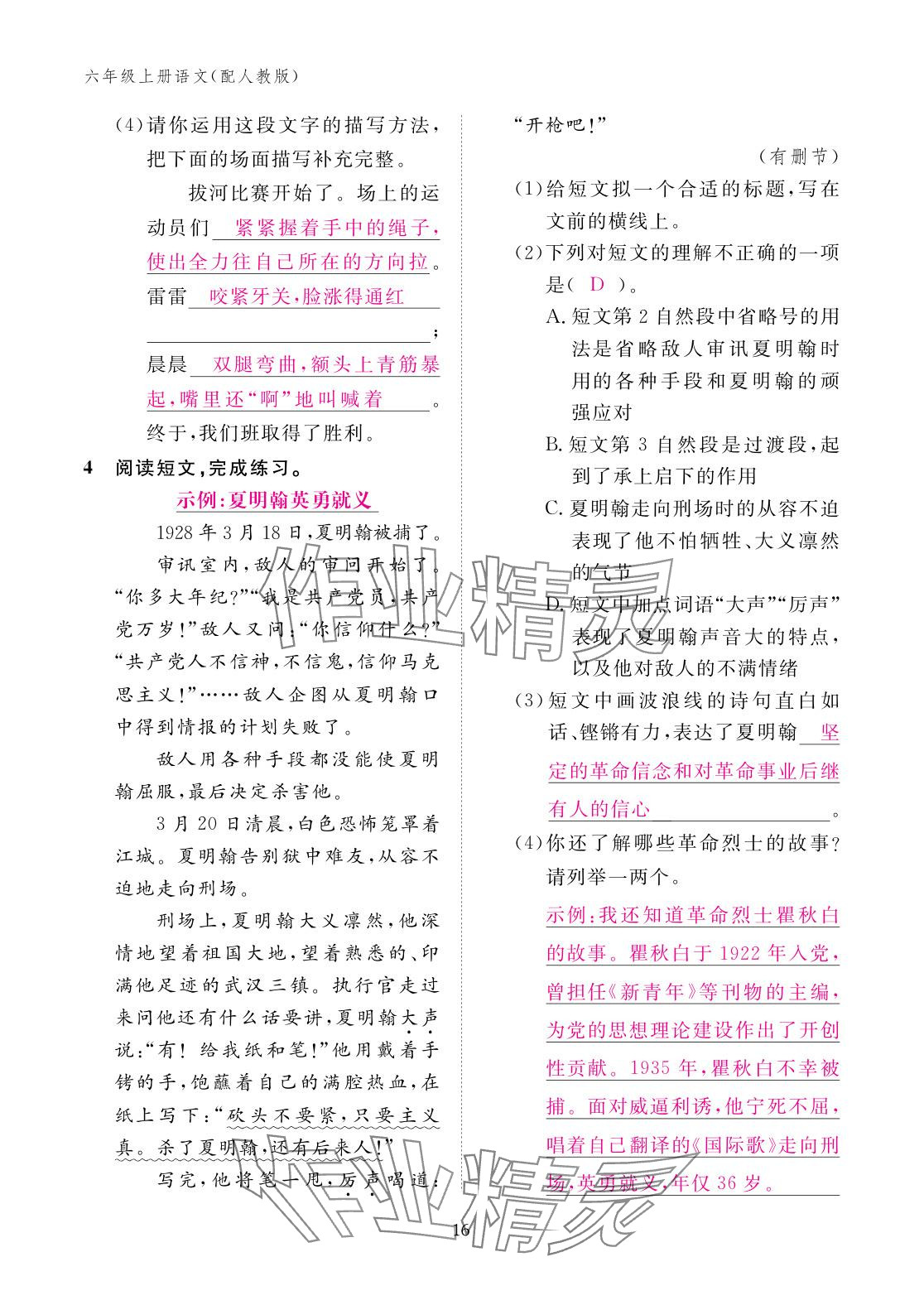 2025年作业本江西教育出版社六年级语文上册人教版 参考答案第16页