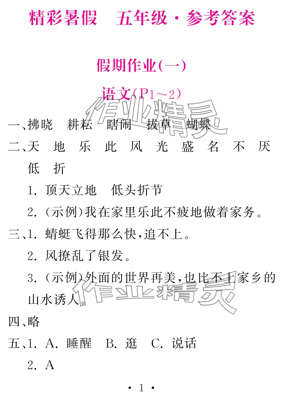 2025年天舟文化精彩暑假团结出版社五年级 参考答案第1页
