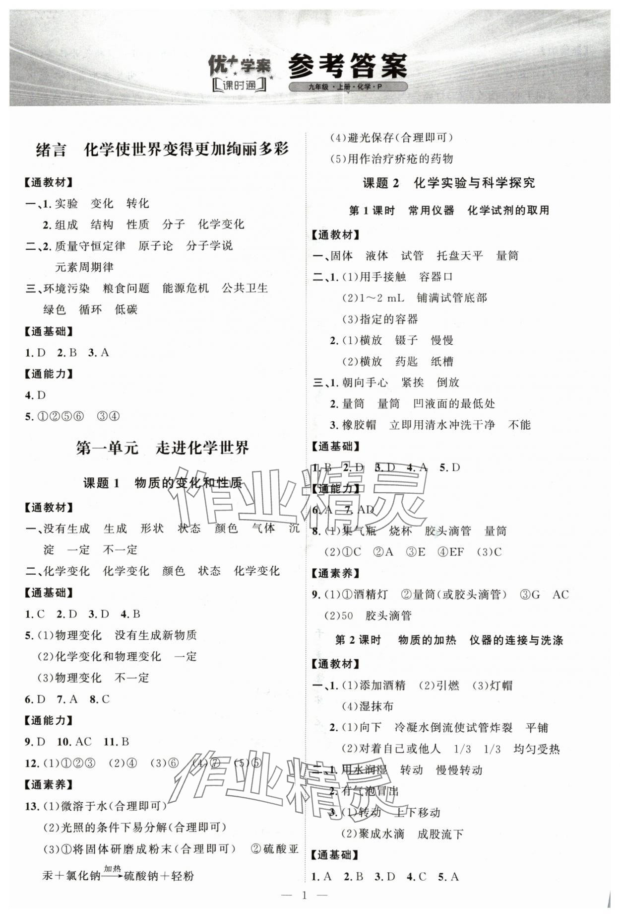 2024年優(yōu)加學(xué)案課時通九年級化學(xué)上冊人教版P版 第1頁