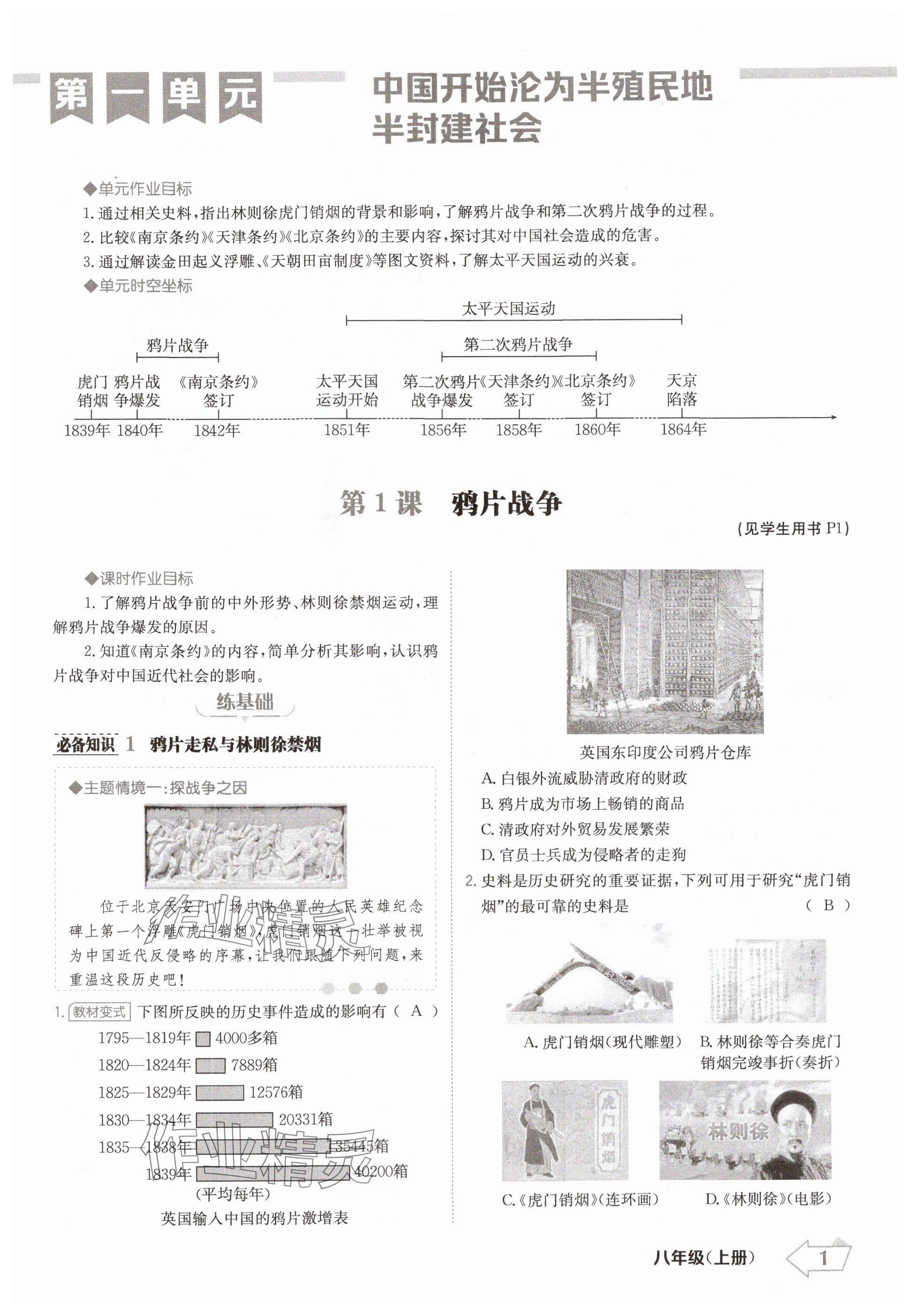 2024年金牌學練測八年級歷史上冊人教版 參考答案第1頁