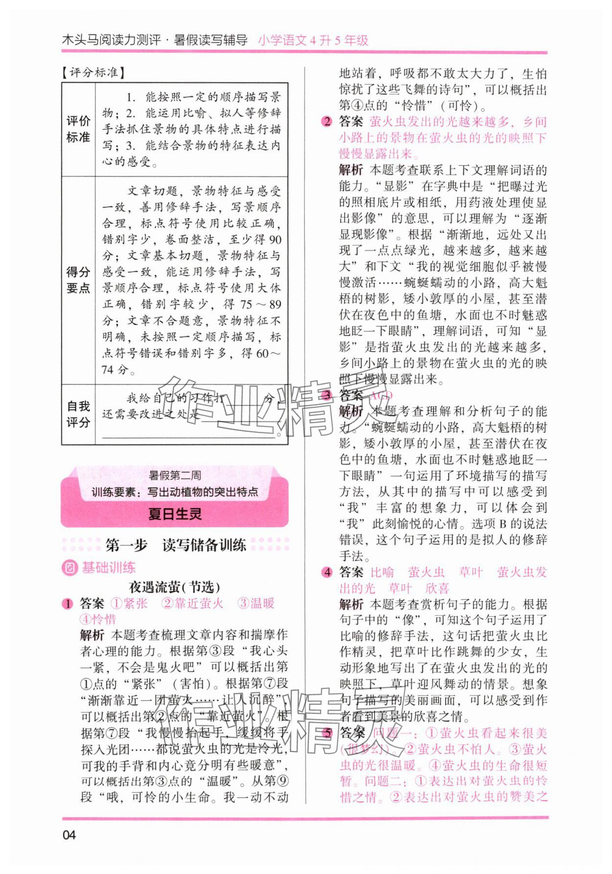 2024年木头马暑假读写辅导四升五语文&nbsp;参考答案第4页