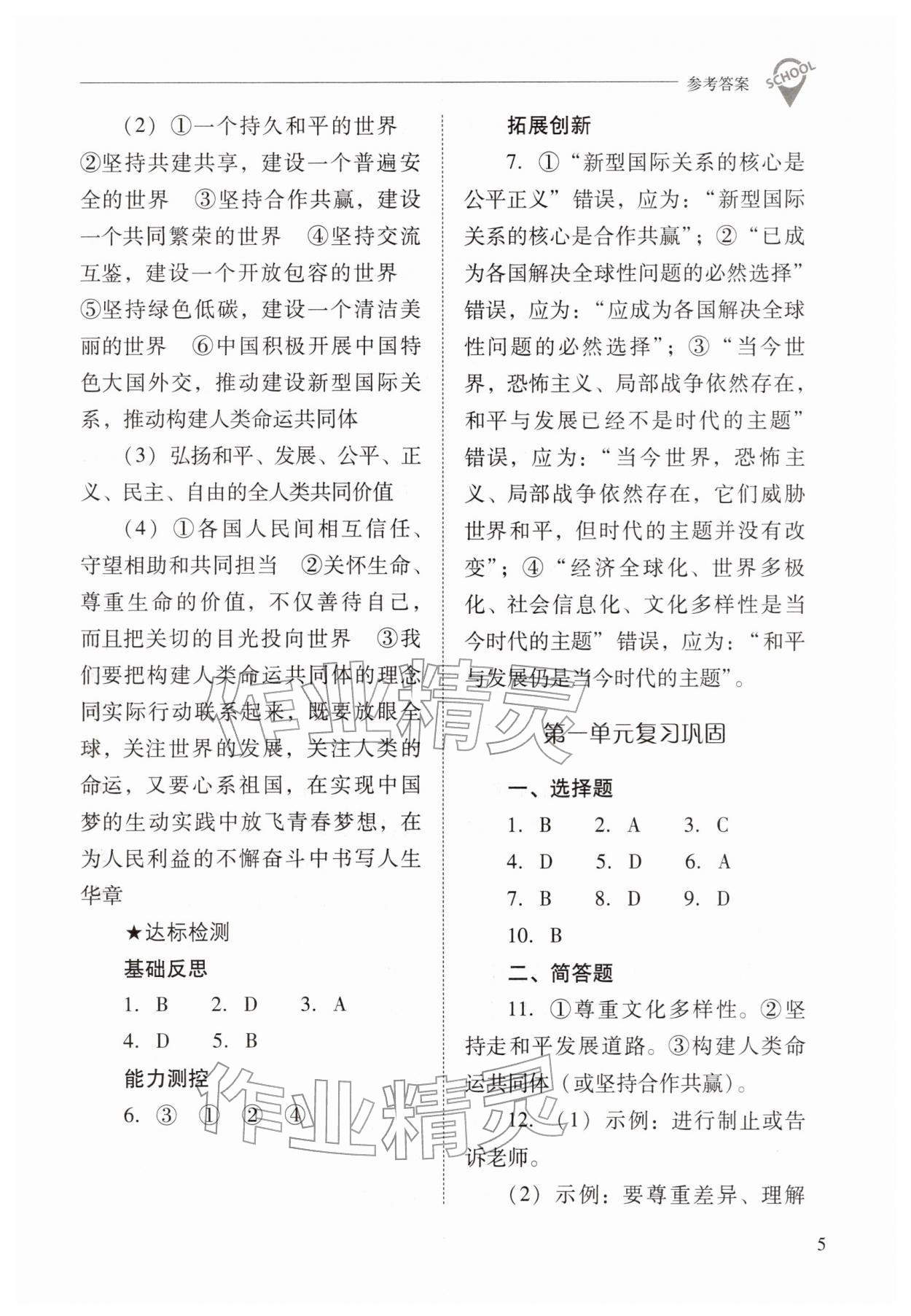 2026年新课程问题解决导学方案九年级道德与法治下册人教版&nbsp;参考答案第5页