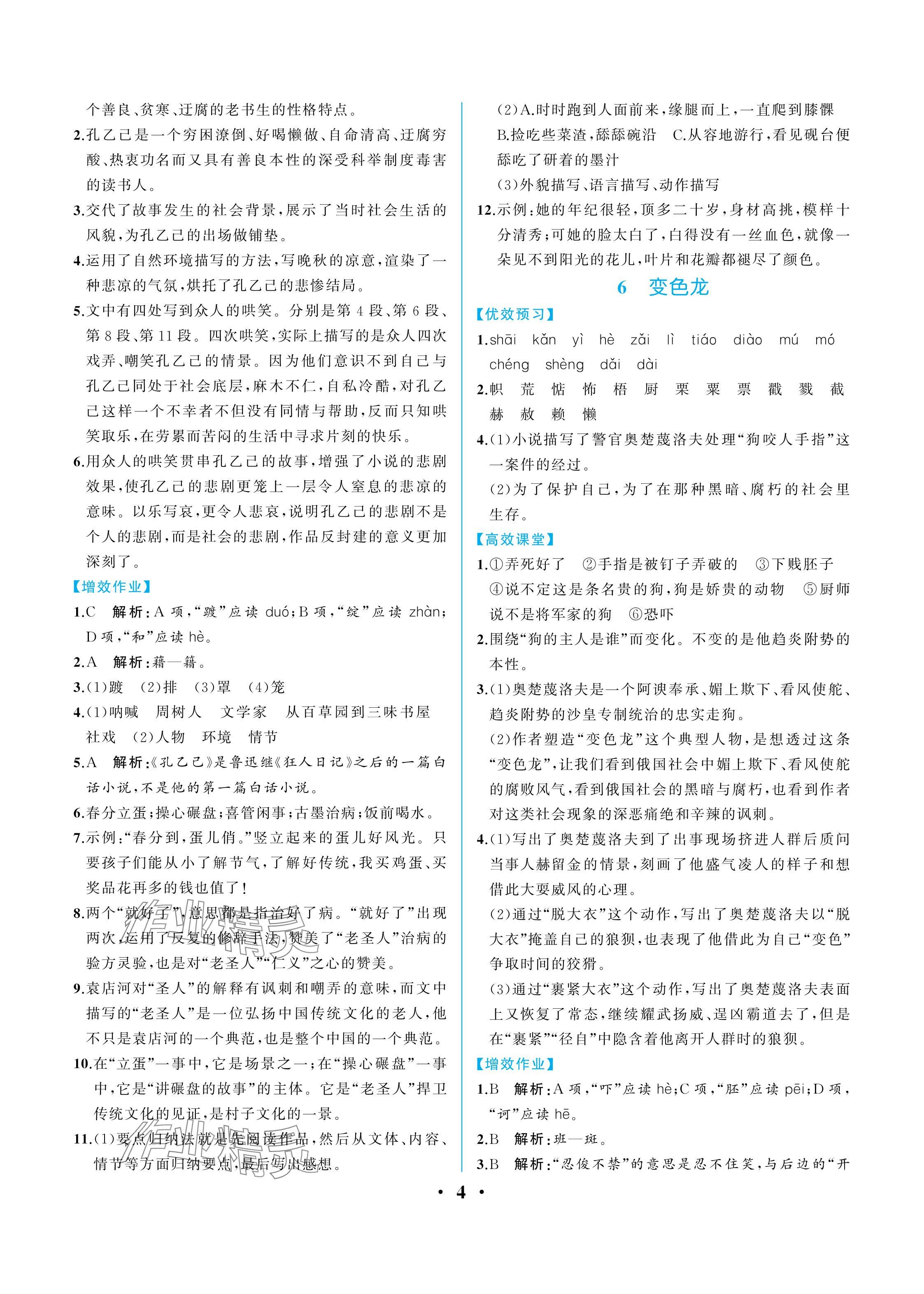 2024年人教金学典同步解析与测评九年级语文下册人教版重庆专版 参考答案第4页