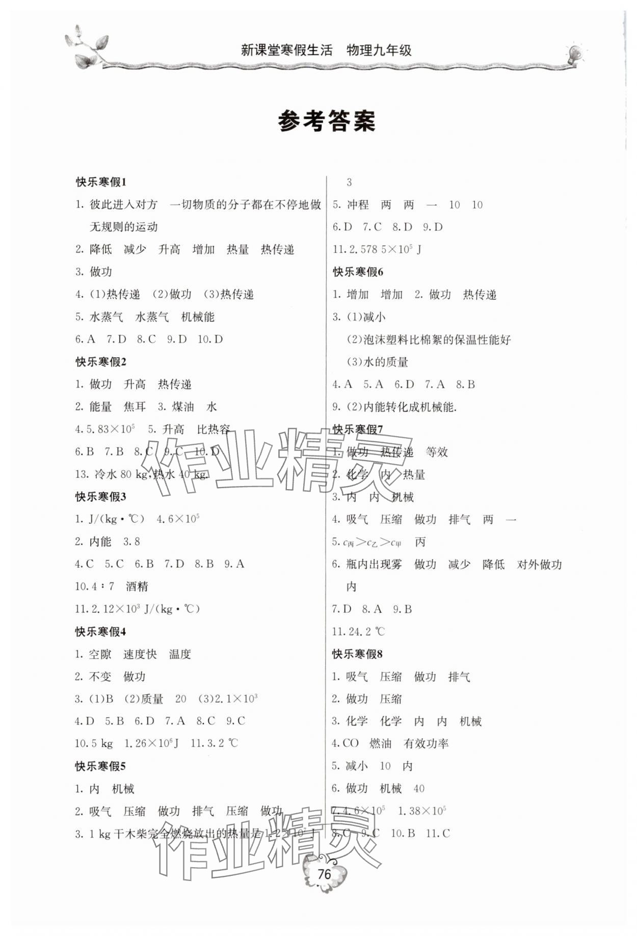 2025年新課堂寒假生活九年級物理人教版 參考答案第1頁