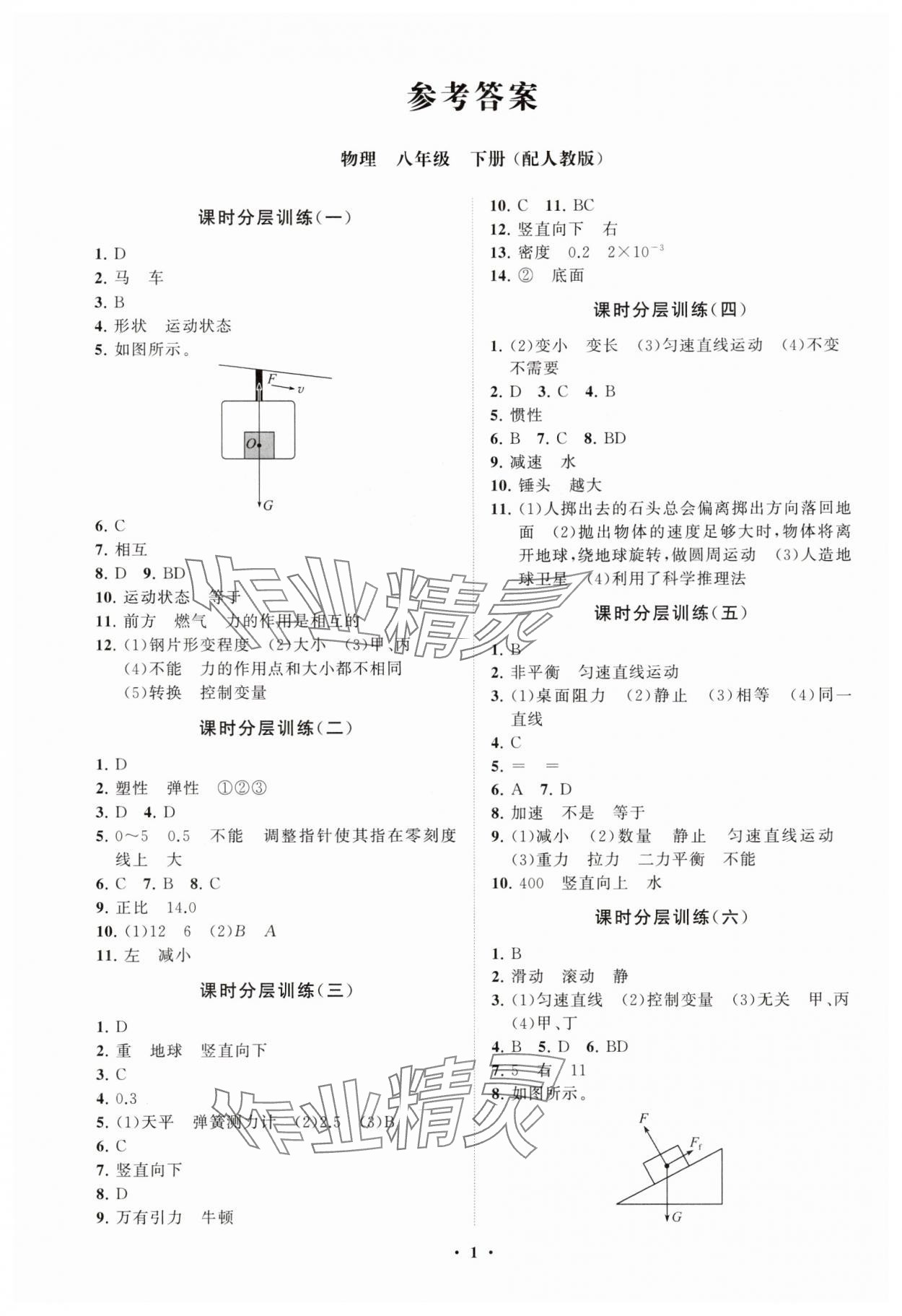 2025年同步练习册分层卷八年级物理下册人教版 参考答案第1页