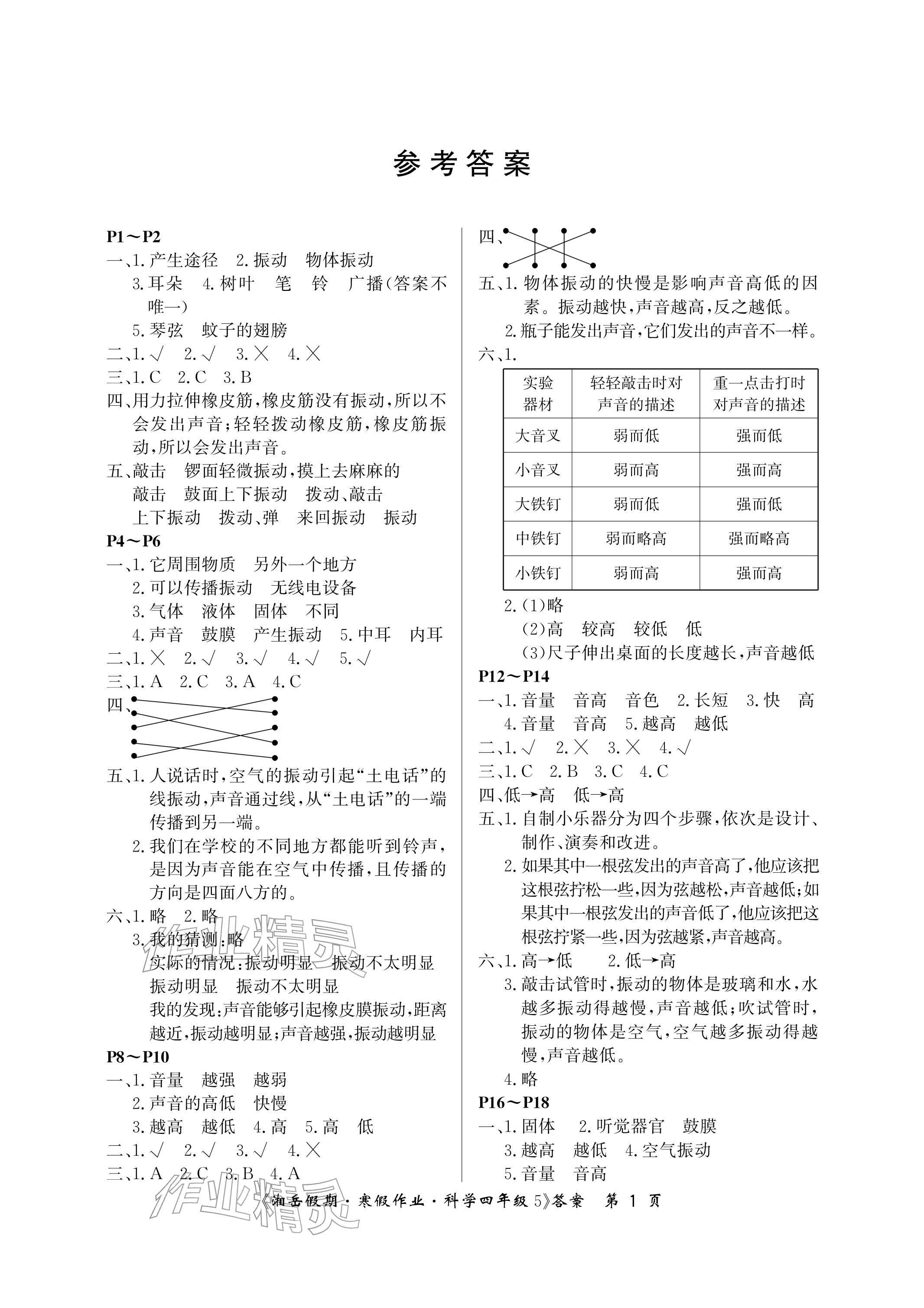 2026年湘岳假期寒假作业四年级科学教科版第五版&nbsp;参考答案第1页
