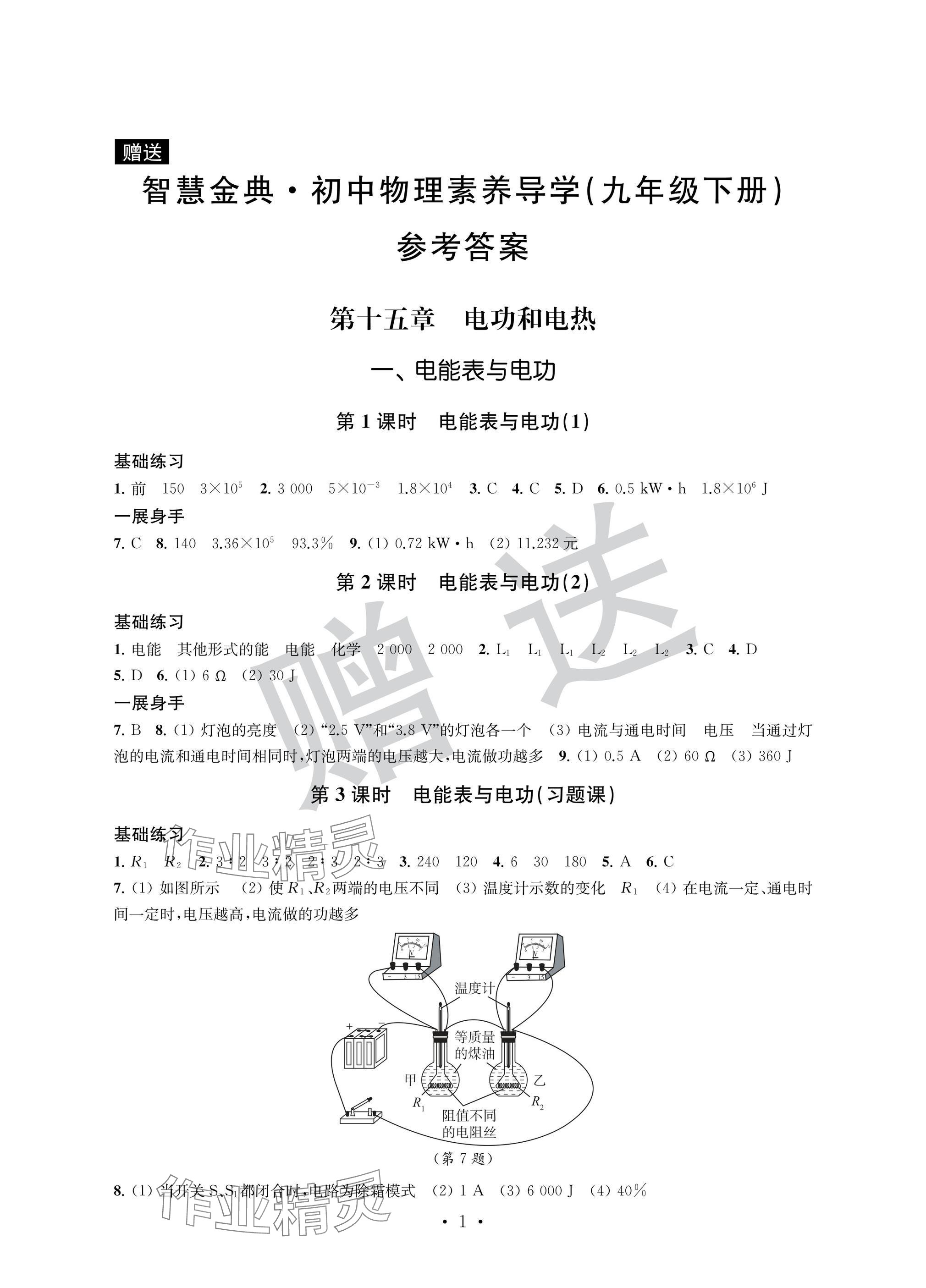 2025年智慧金典素養導學九年級物理下冊蘇科版 參考答案第1頁