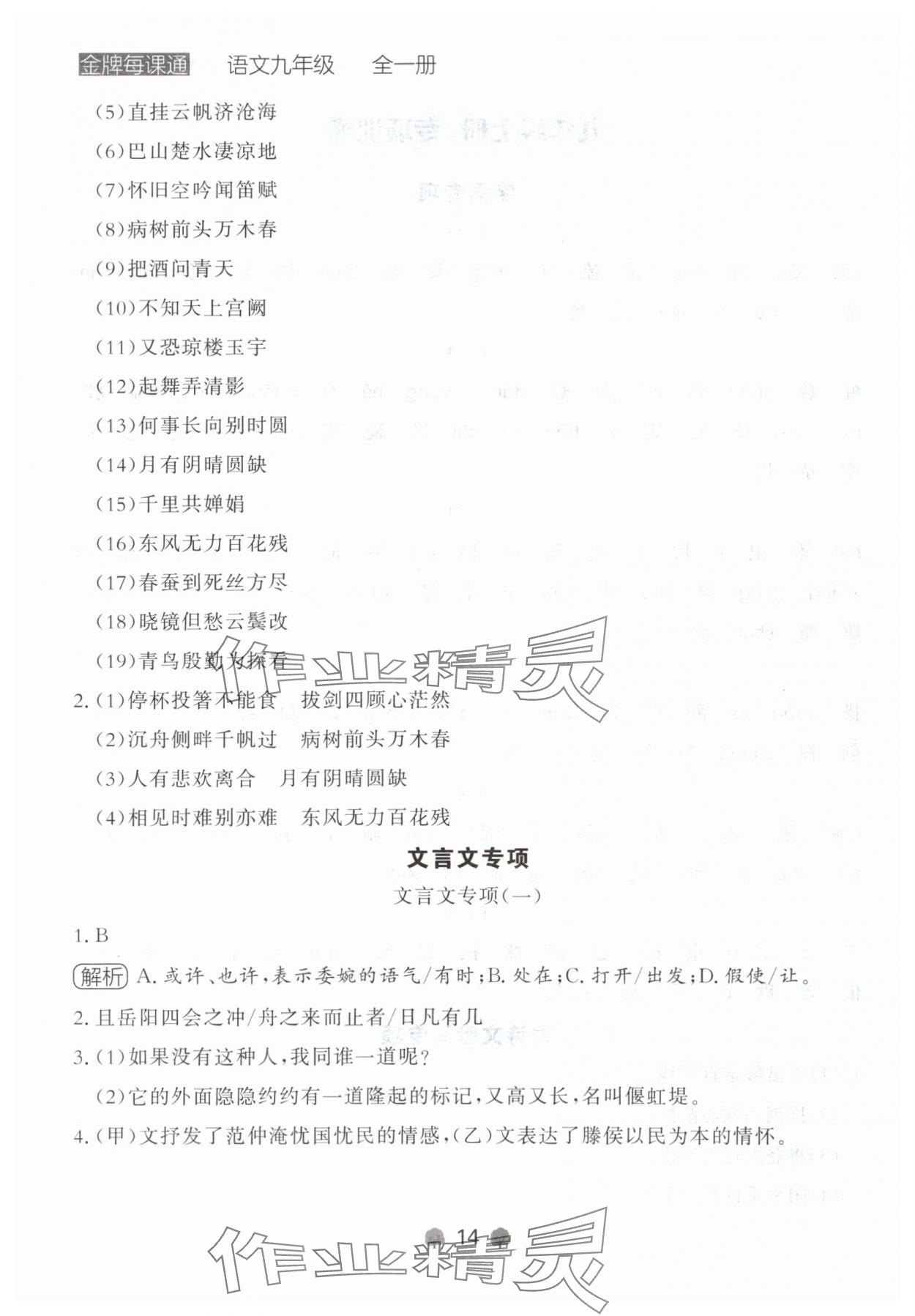 2024年點(diǎn)石成金金牌每課通九年級語文全一冊人教版遼寧專版 參考答案第14頁