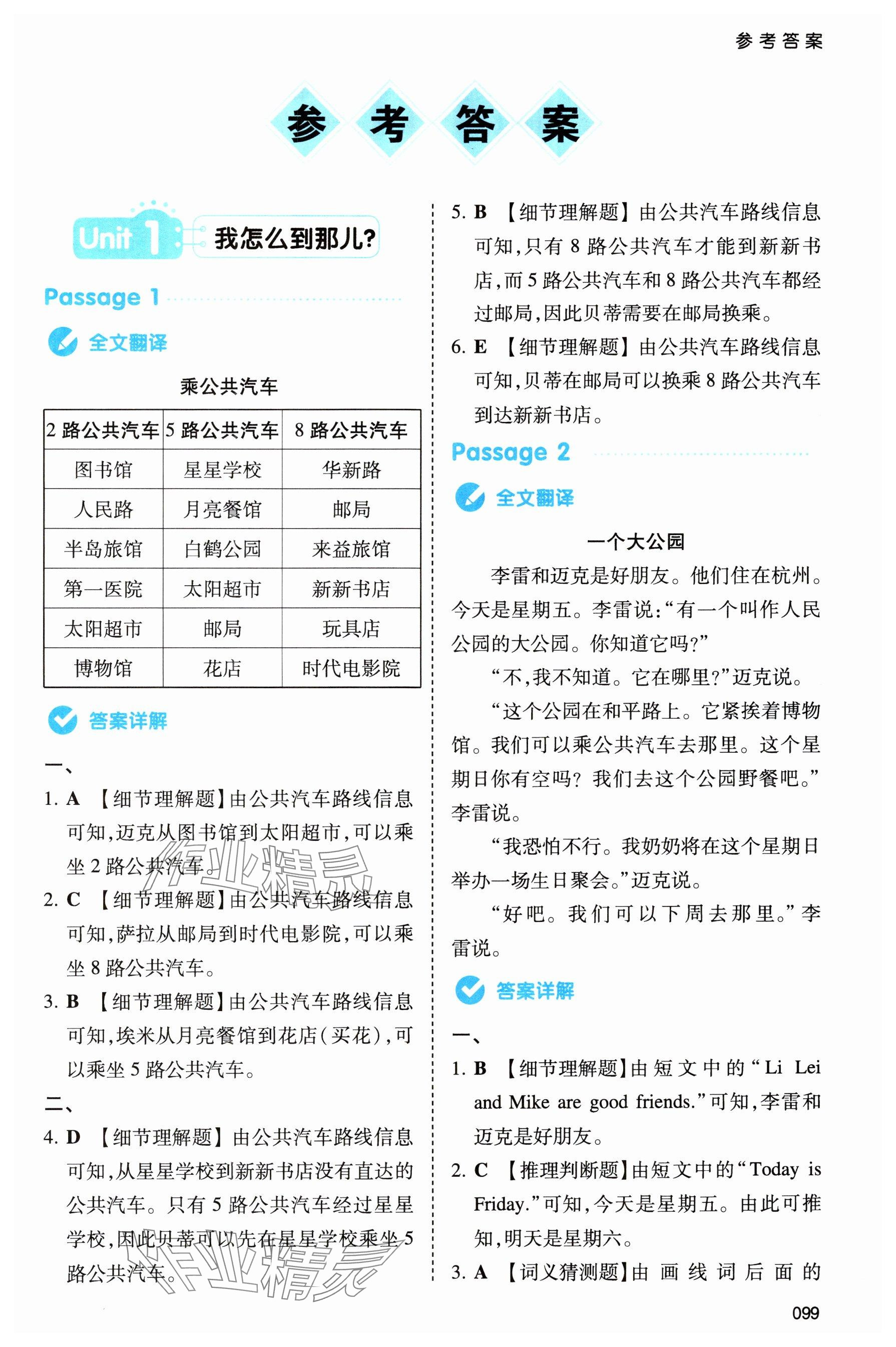 2024年一本同步阅读六年级英语上册人教版浙江专版 参考答案第1页