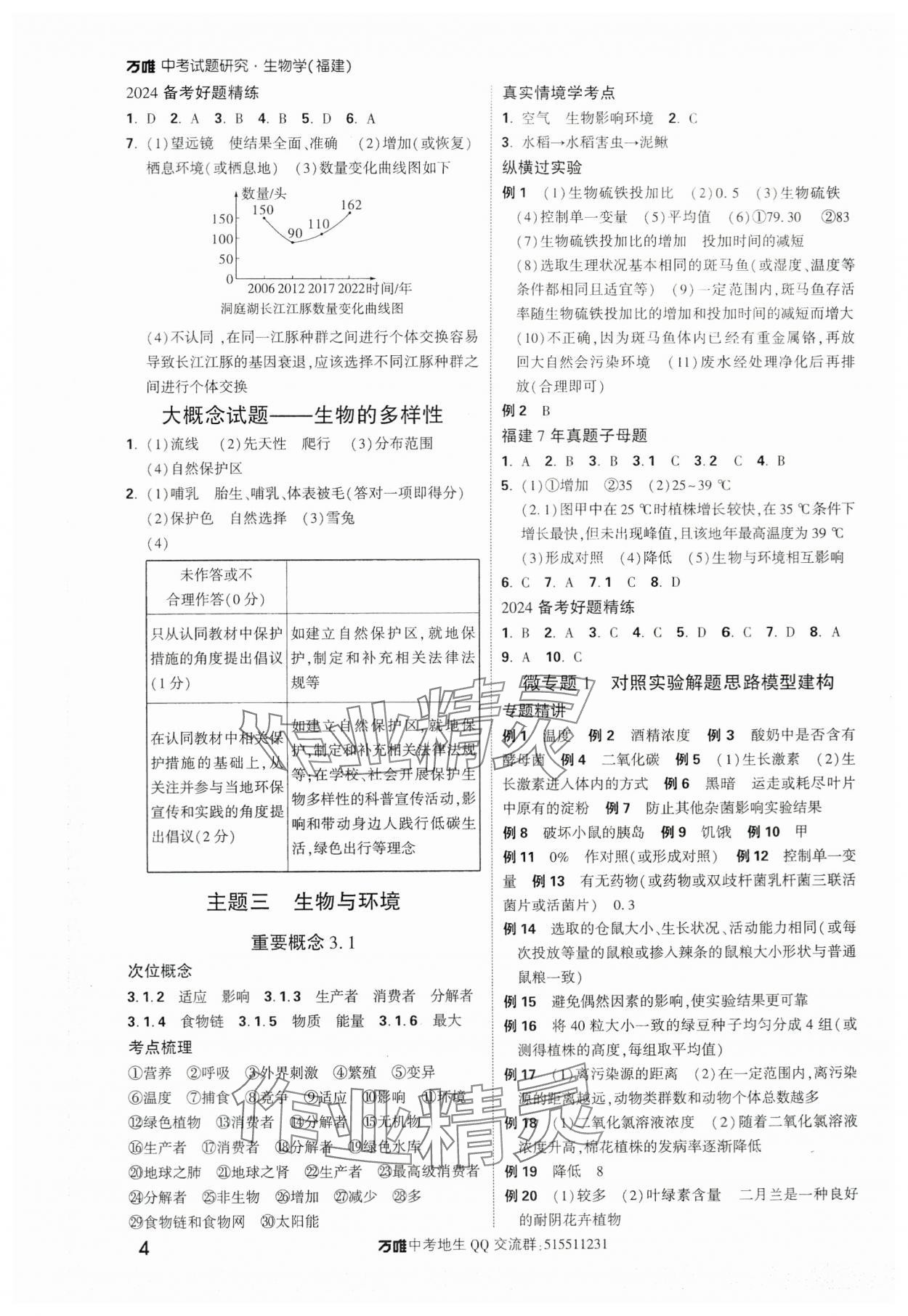 2024年万唯中考试题研究生物福建专版 参考答案第3页