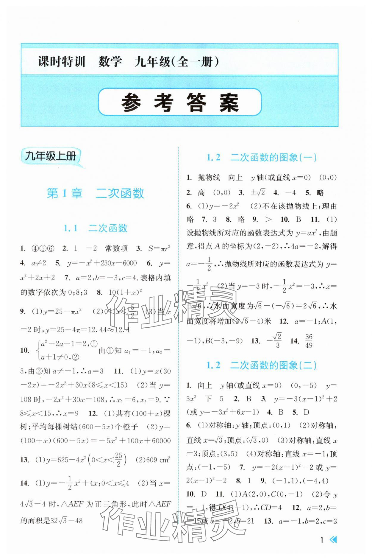 2025年课时特训九年级数学全一册浙教版 参考答案第1页