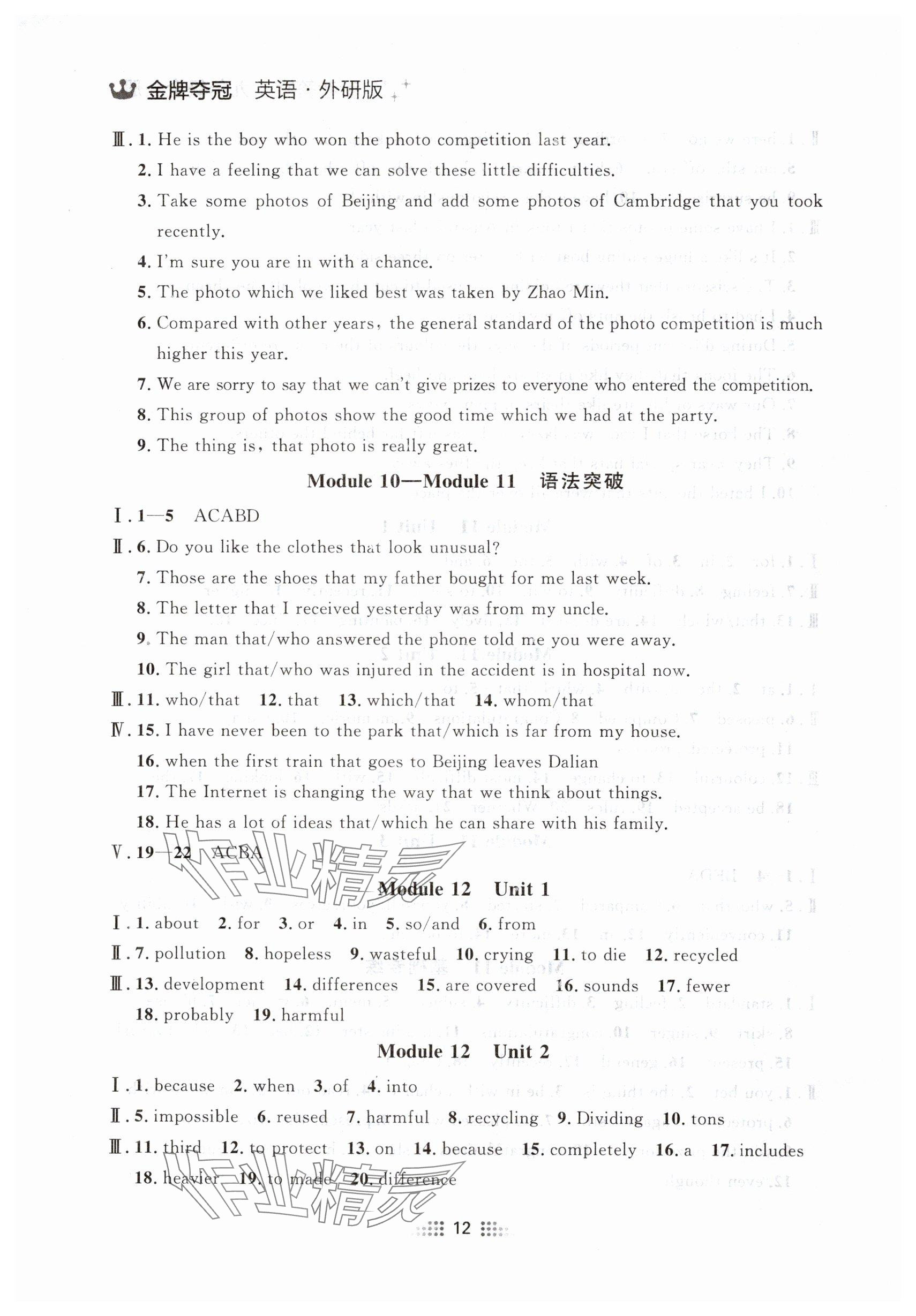 2024年點石成金金牌奪冠九年級英語全一冊外研版遼寧專版 參考答案第12頁