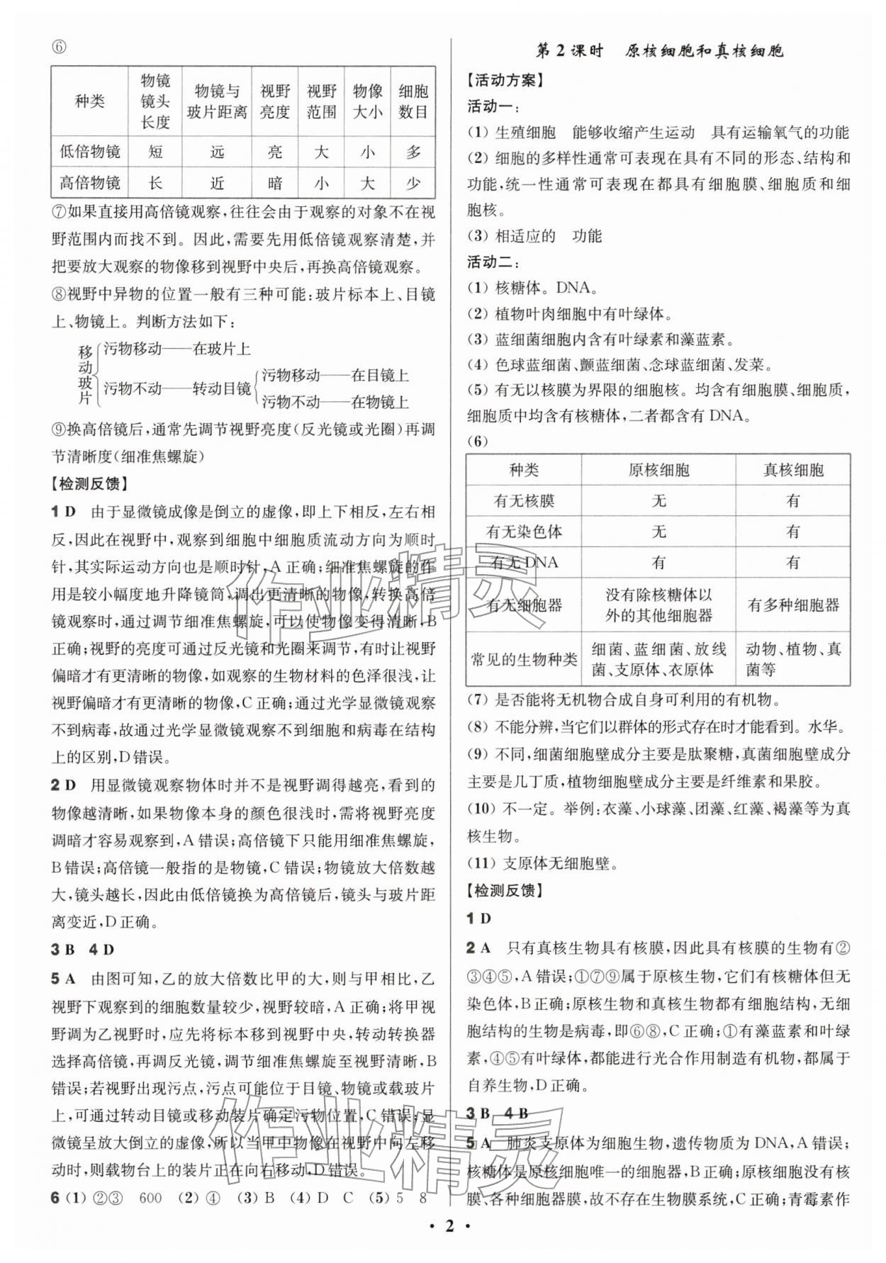 2025年活动单导学课程高中生物必修1人教版 参考答案第2页