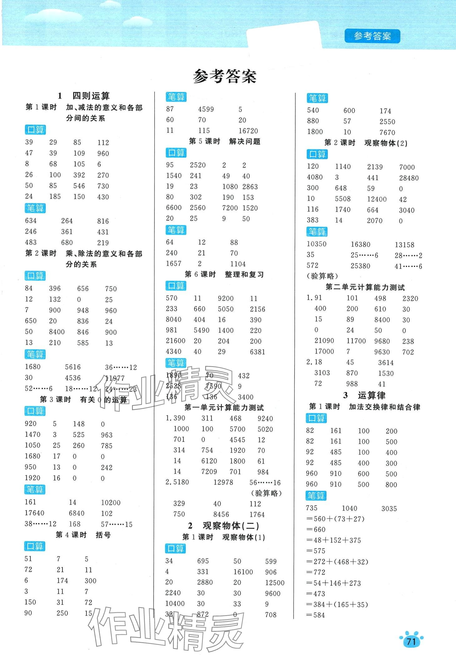 2024年全能手同步口算專項訓練四年級數(shù)學下冊人教版 第1頁