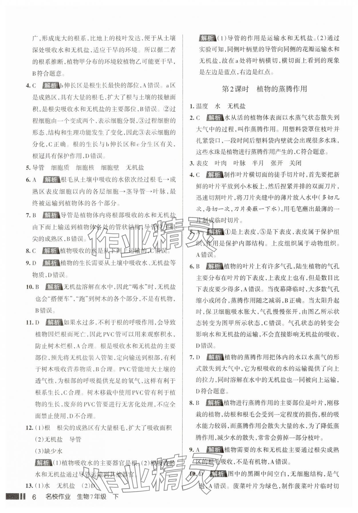 2025年名校作業七年級生物下冊人教版山西專版 參考答案第6頁