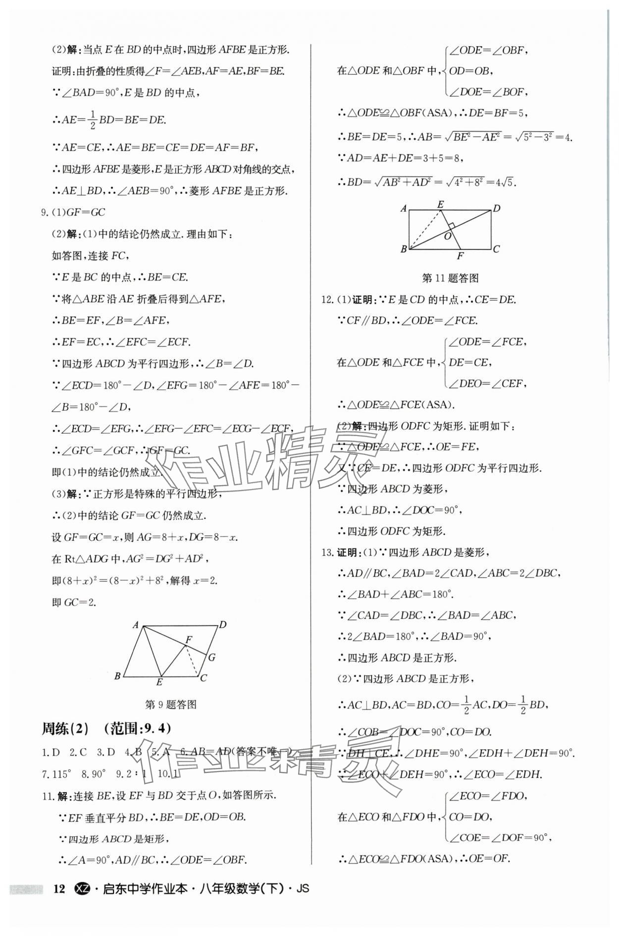 2024年启东中学作业本八年级数学下册苏科版徐州专版 参考答案第12页