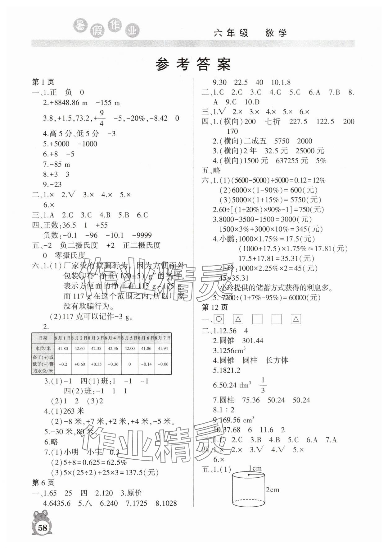 2025年暑假作业河南人民出版社六年级数学人教版 参考答案第1页