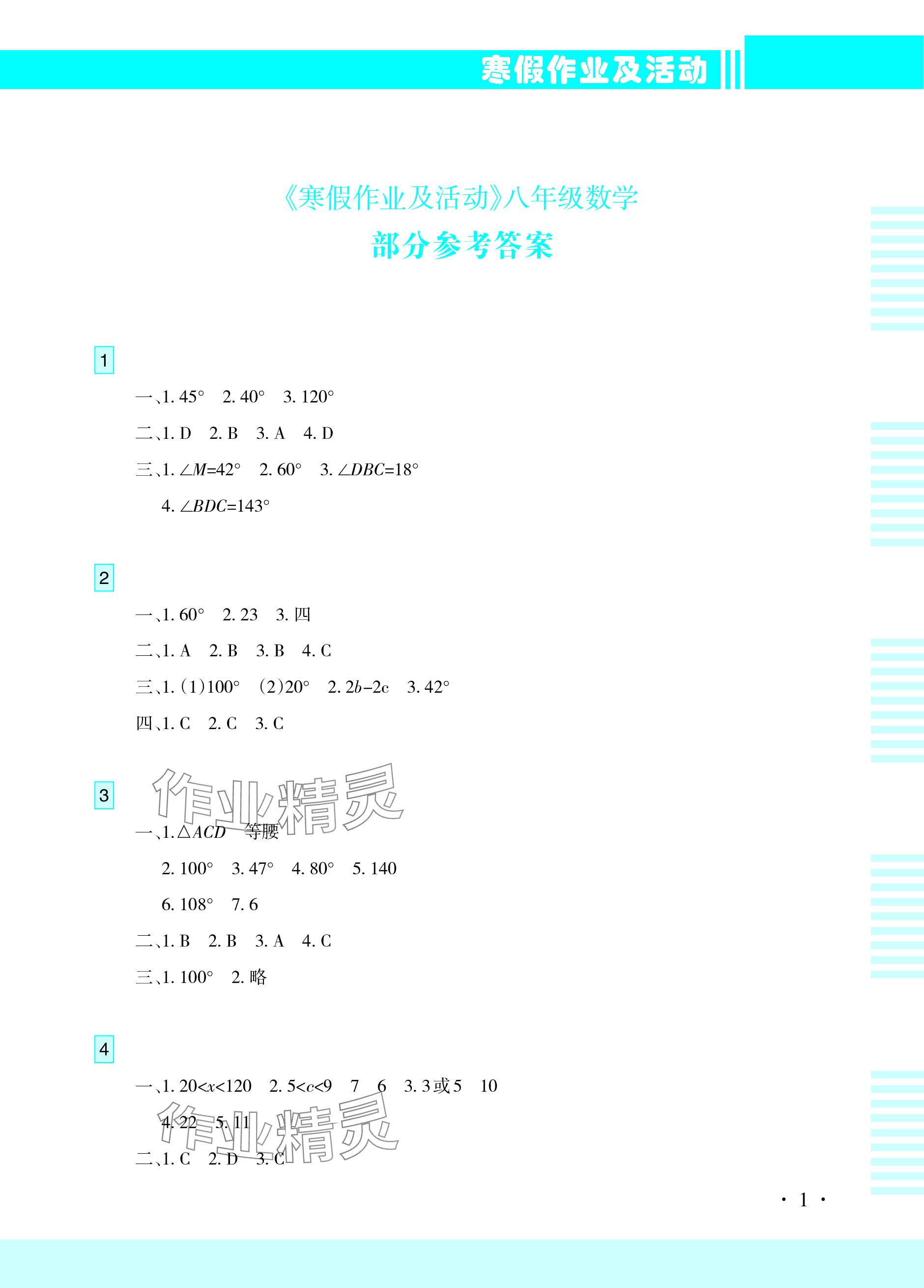 2024年寒假作业及活动八年级数学 参考答案第1页