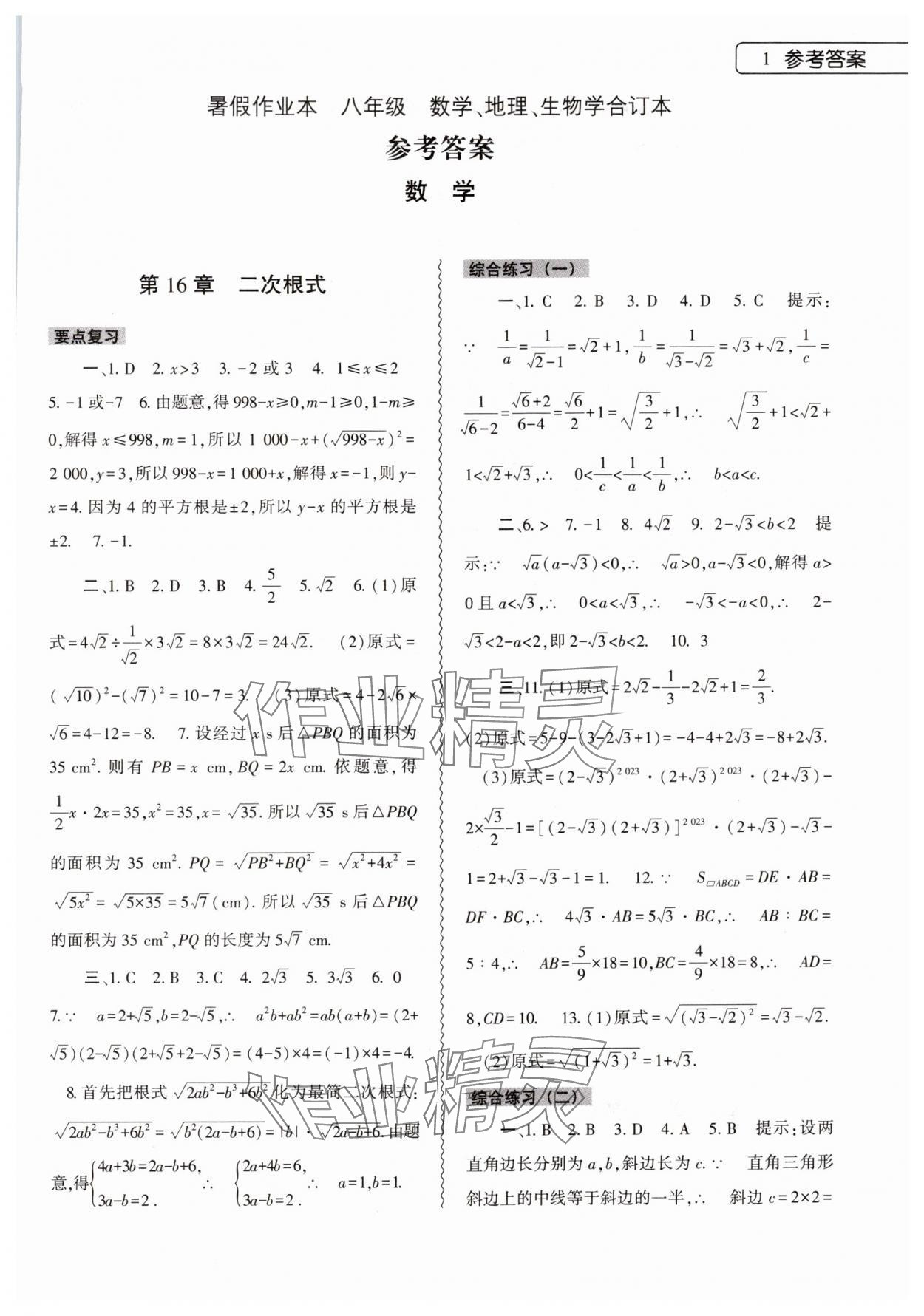 2024年暑假作業(yè)本大象出版社八年級數學地理生物合訂本 第1頁