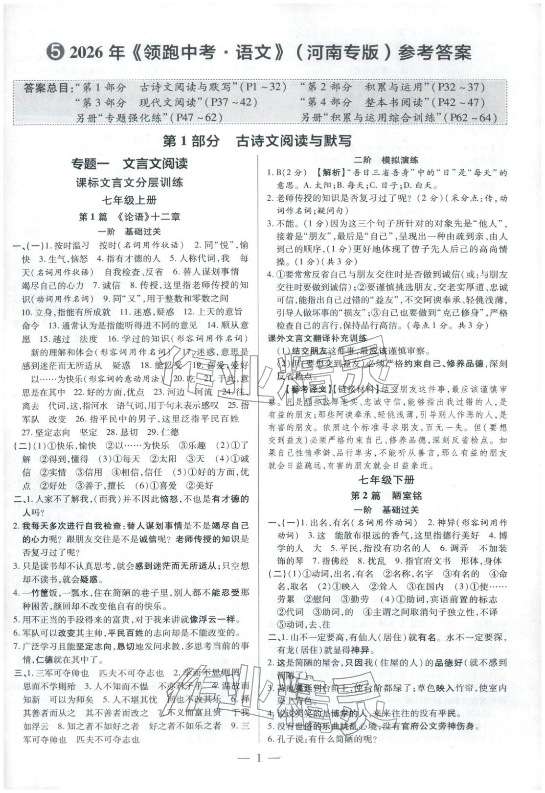2026年领跑中考语文河南专版&nbsp;第1页