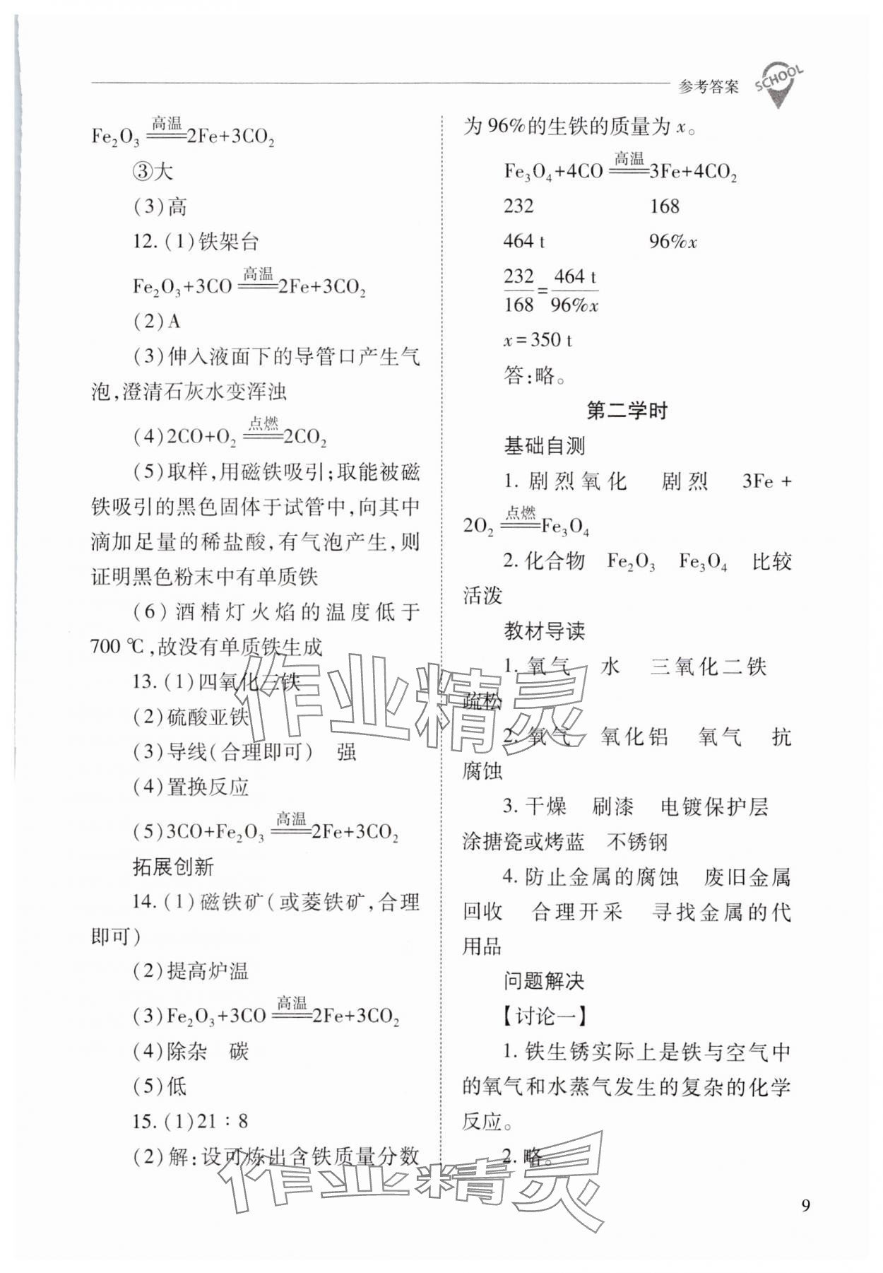 2024年新课程问题解决导学方案九年级化学下册人教版 参考答案第9页