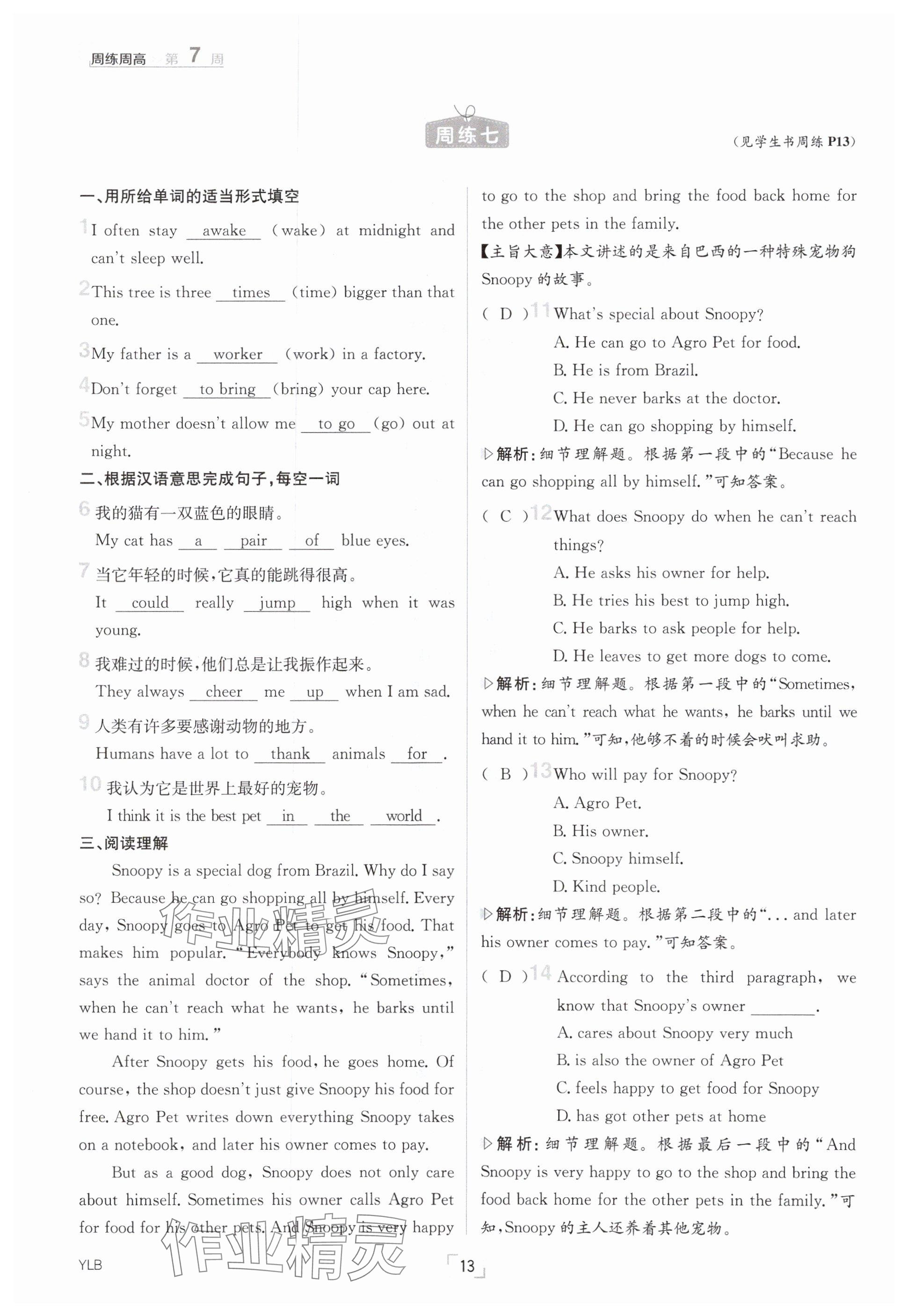 2025年日清周練七年級(jí)英語下冊(cè)譯林版 參考答案第13頁