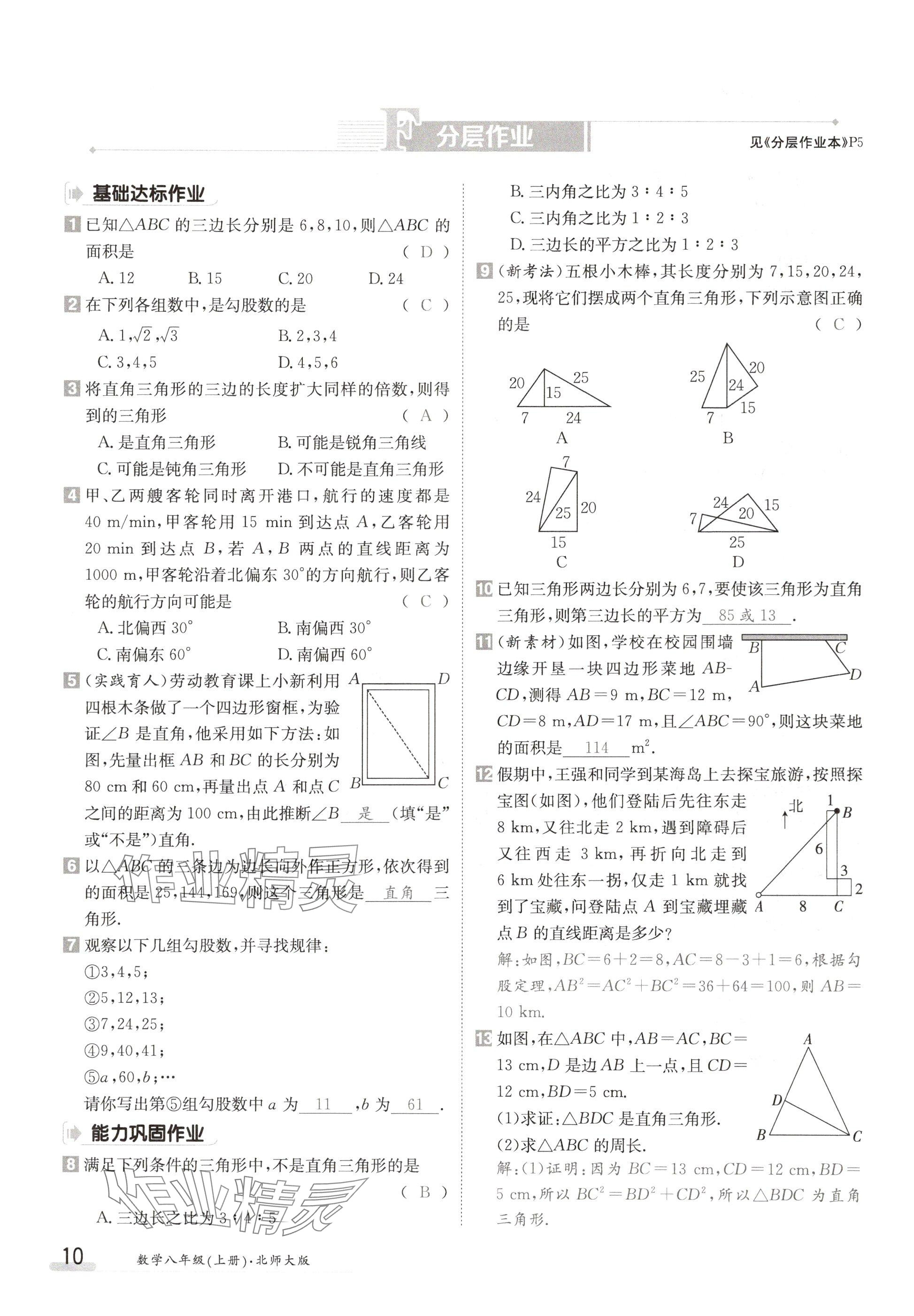 2024年金太陽導學案八年級數(shù)學上冊北師大版 參考答案第10頁