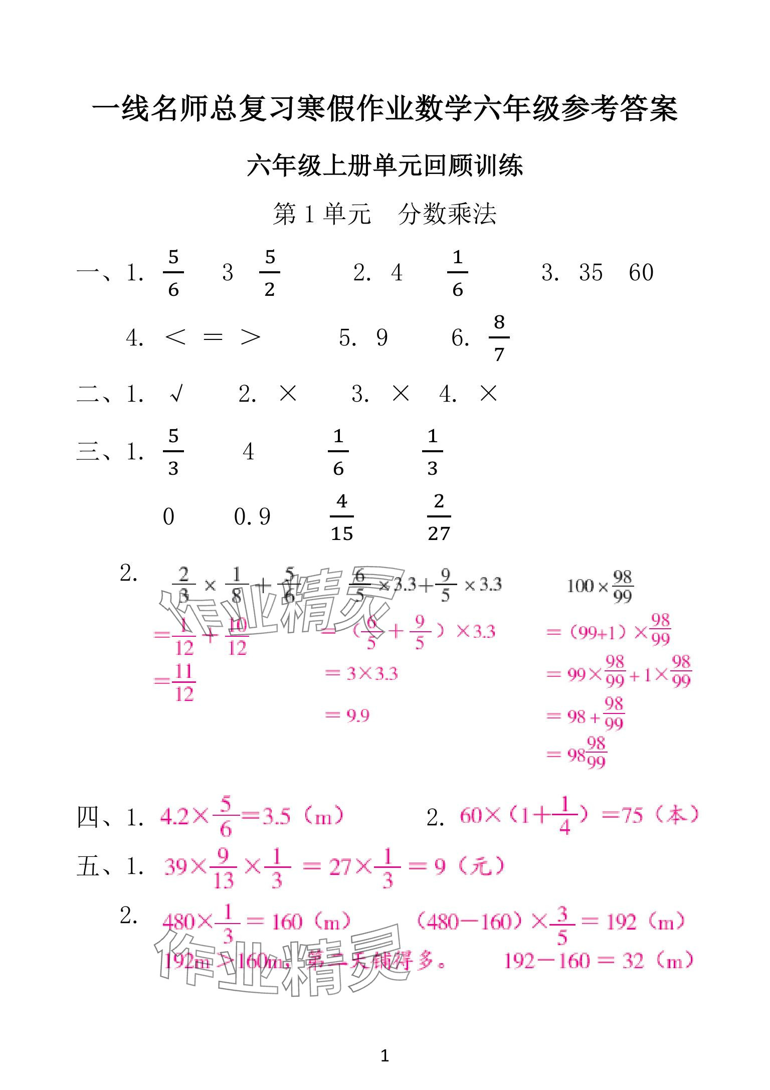 2025年一線名師總復(fù)習(xí)寒假作業(yè)海南出版社六年級數(shù)學(xué)人教版 參考答案第1頁